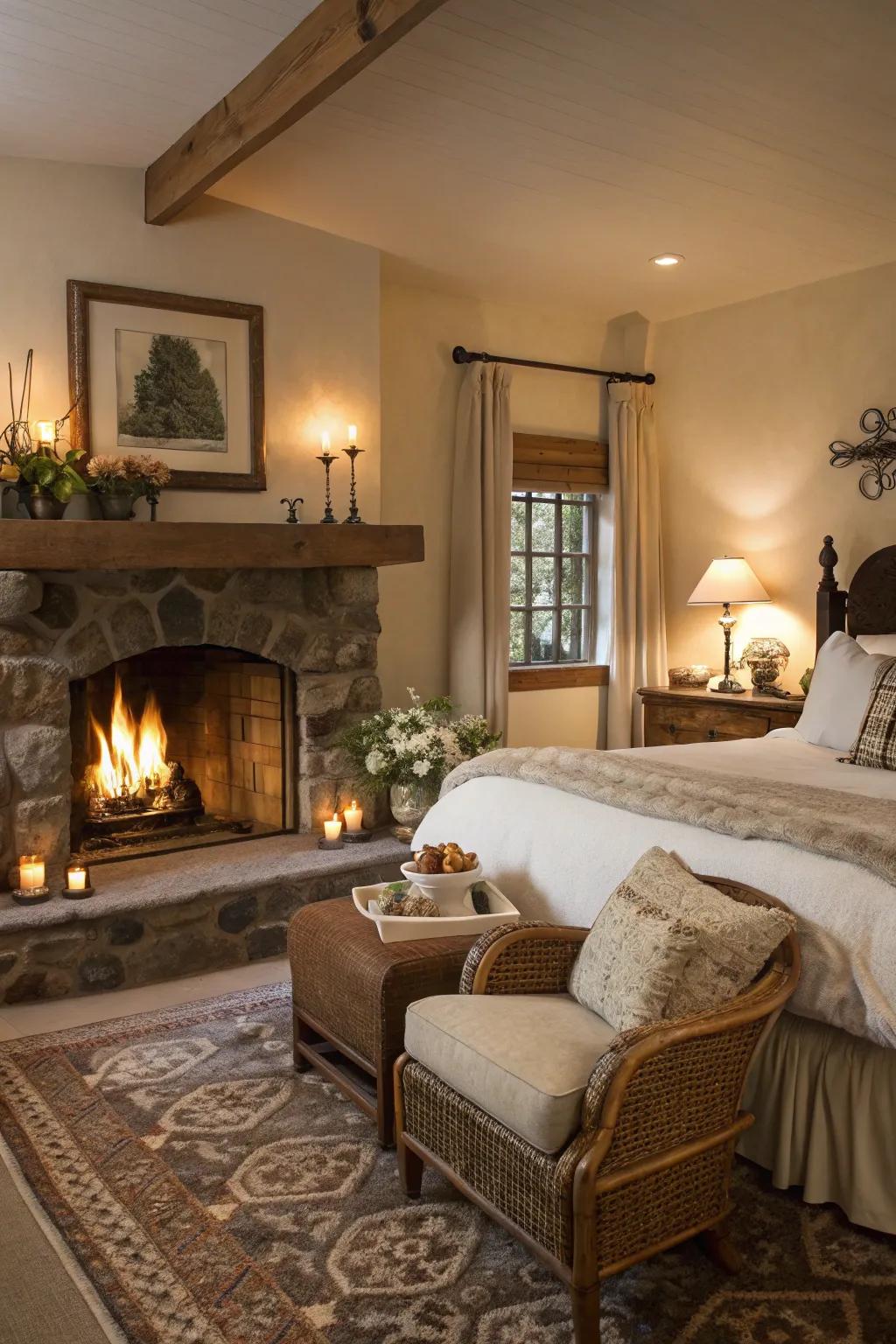 A fireplace adds warmth and charm.