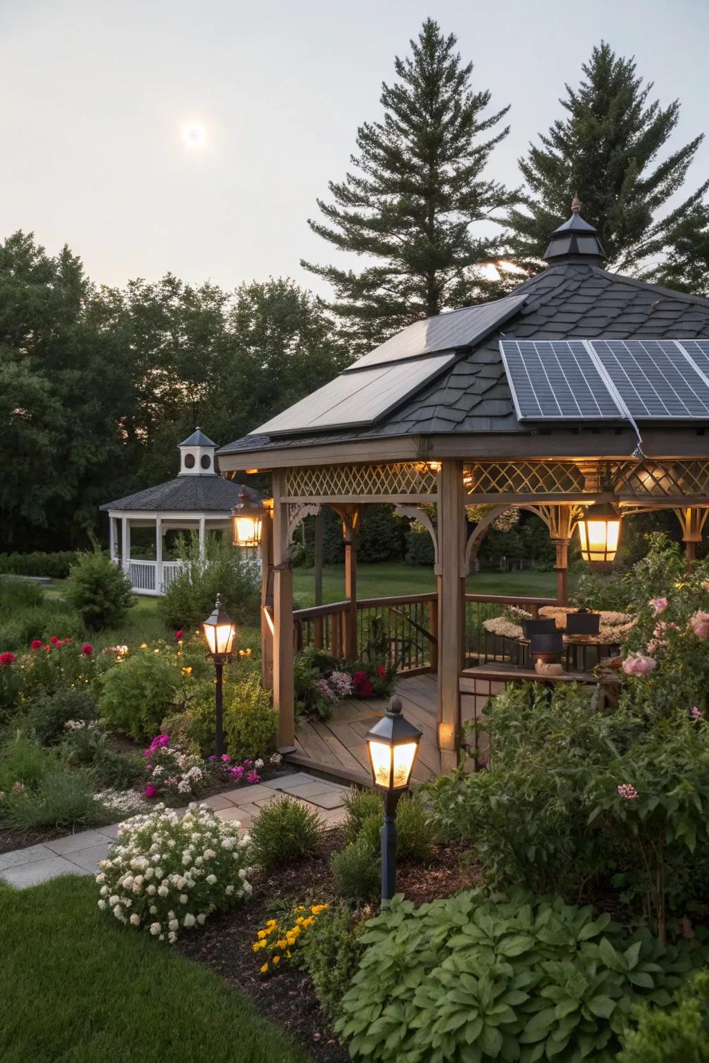 Solar panels extend environmentally conscious strength for sustainable lighting.