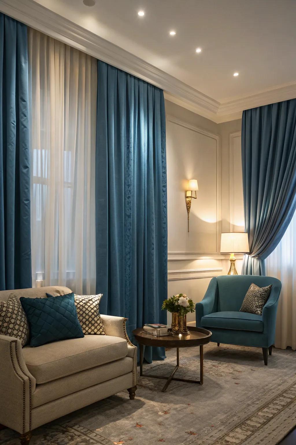 Blue curtains add drama and elegance to this tastefully decorated living room.