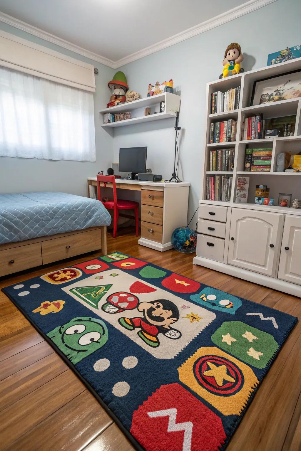 A gaming-themed rug adds warmth and complements the room's decor.