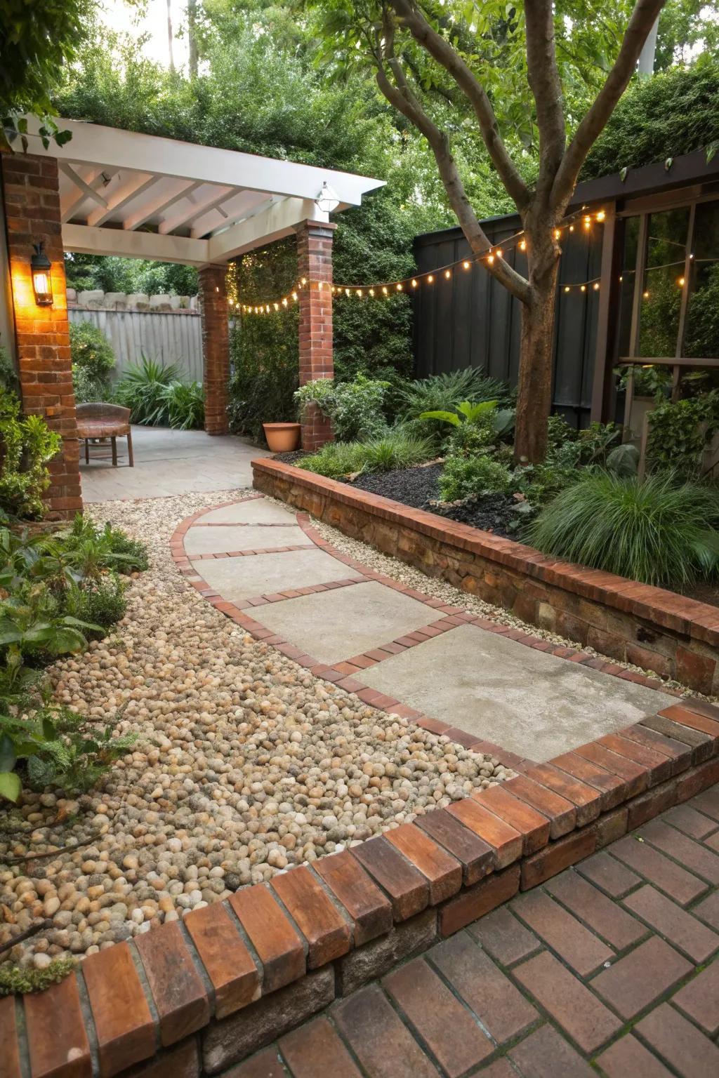 Pebbled ground cover with brick borders offers natural beauty and low maintenance.