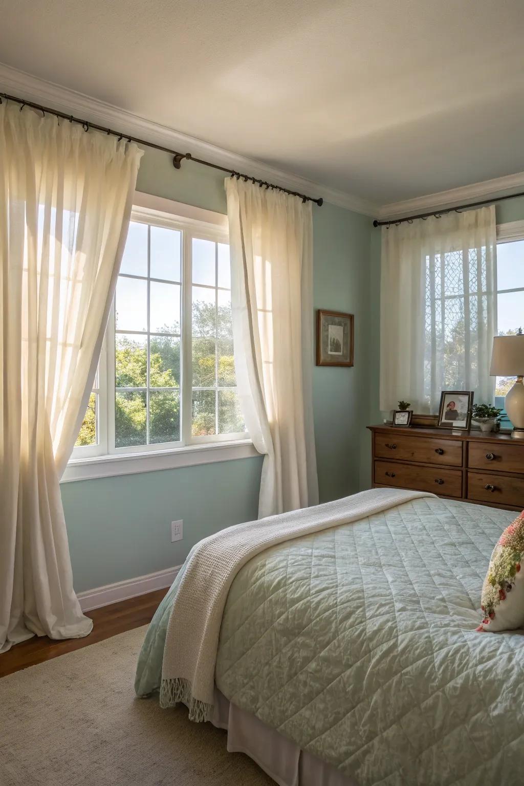 High curtains create an illusion of height and elegance in the bedroom.