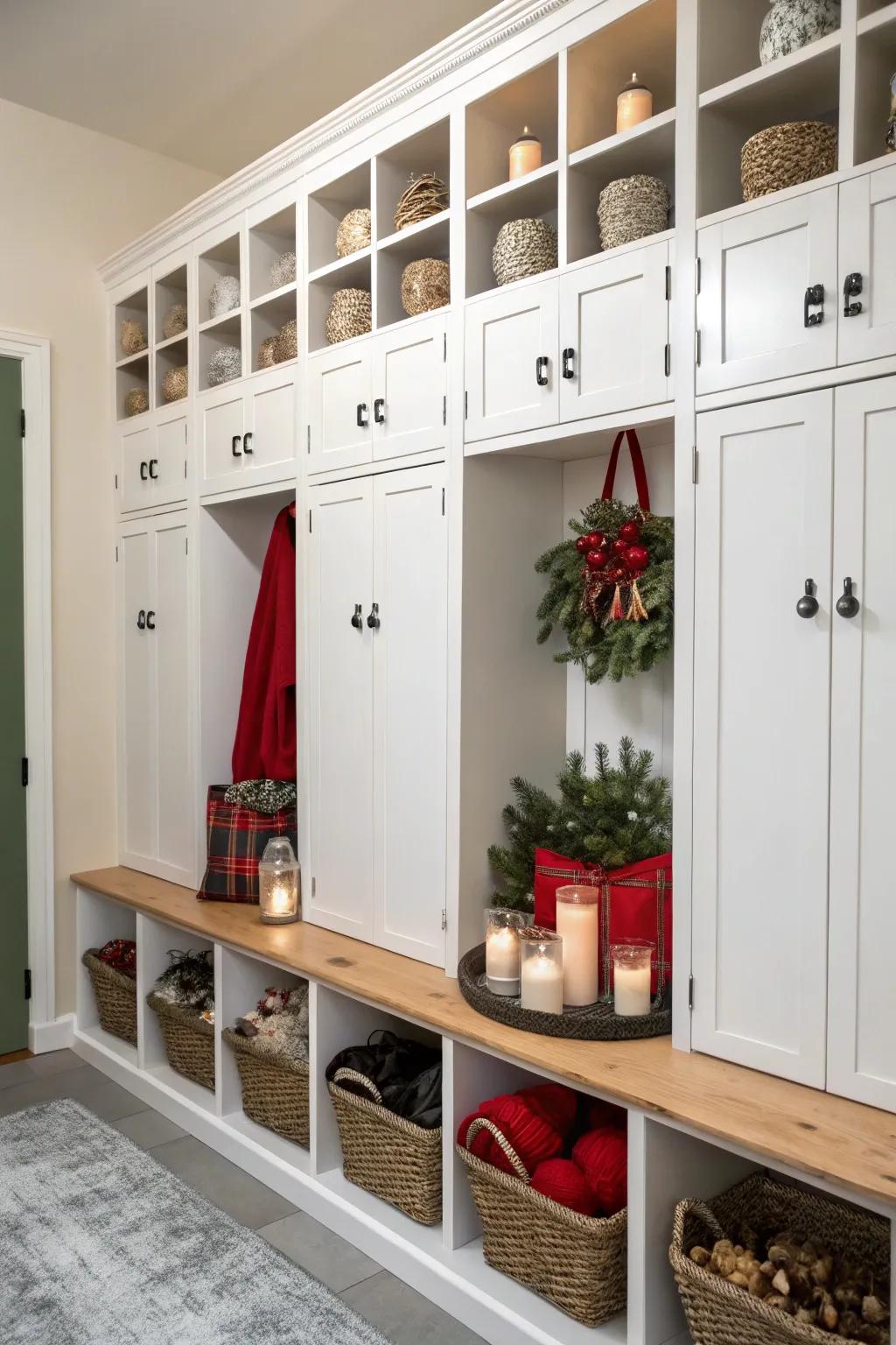 Seasonal decor neatly stored in built-in lockers.