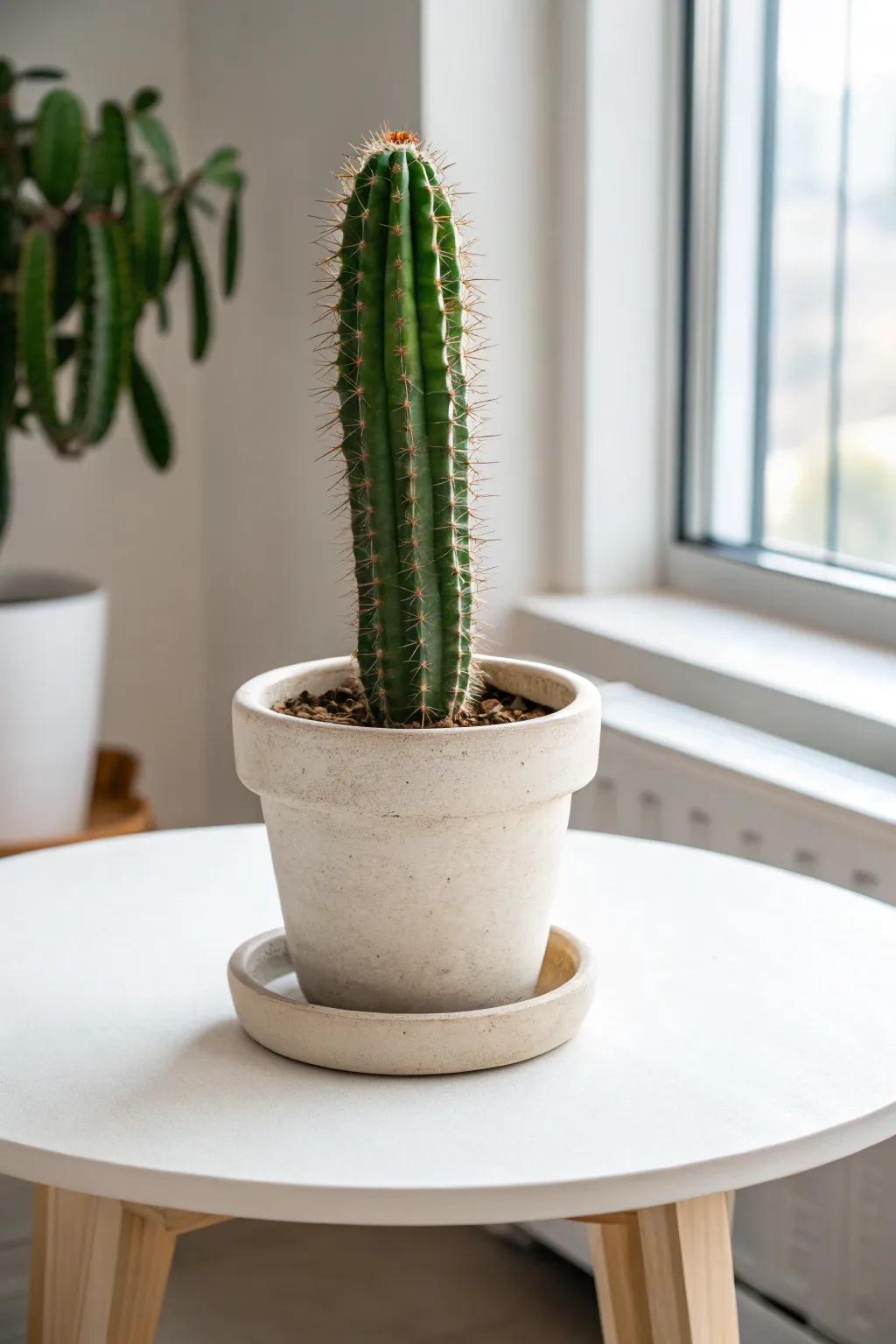 A solitary cactus in an unadorned vessel renders a bold, sophisticated declaration.