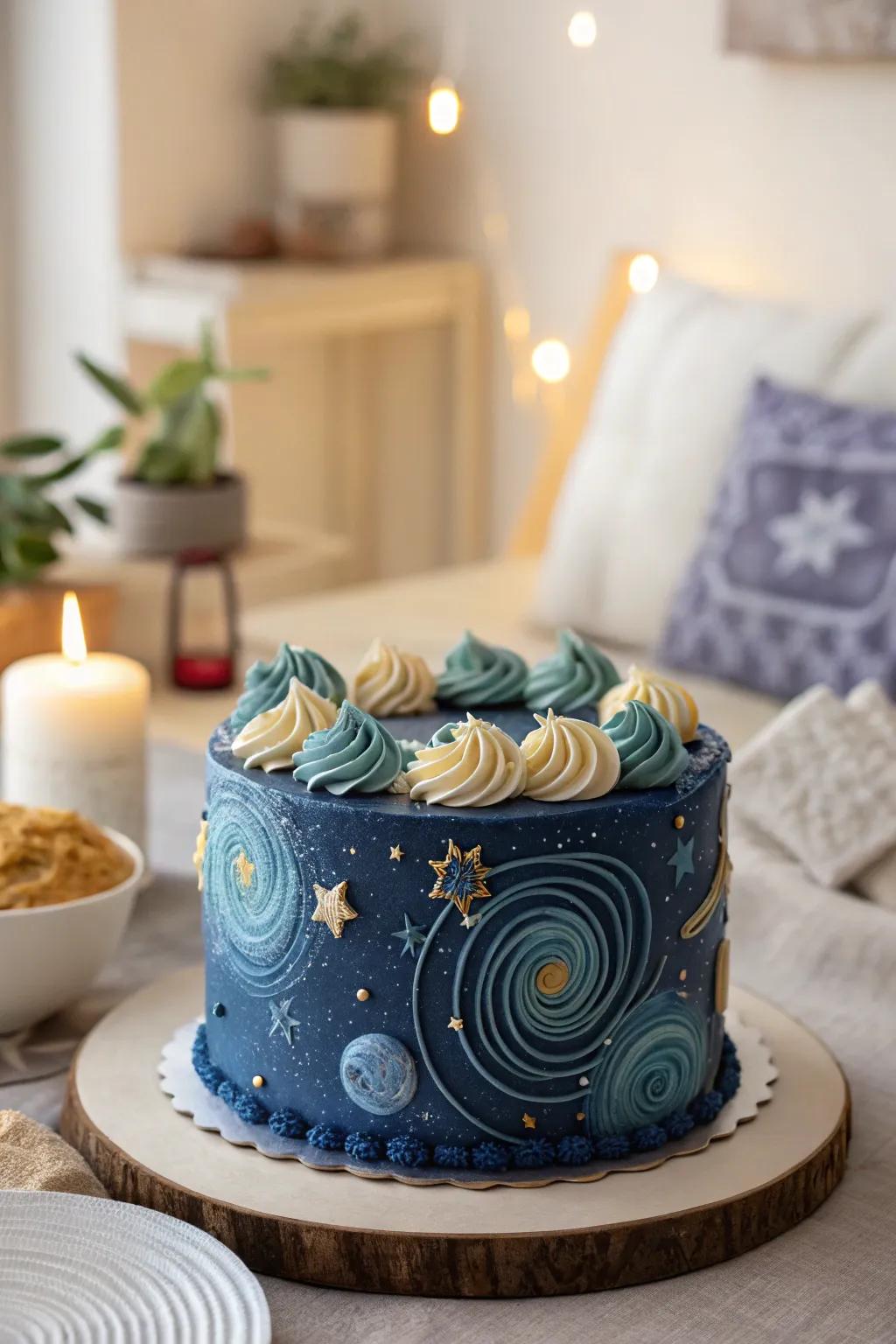 Dreamy celestial designs in buttercream for a captivating cake