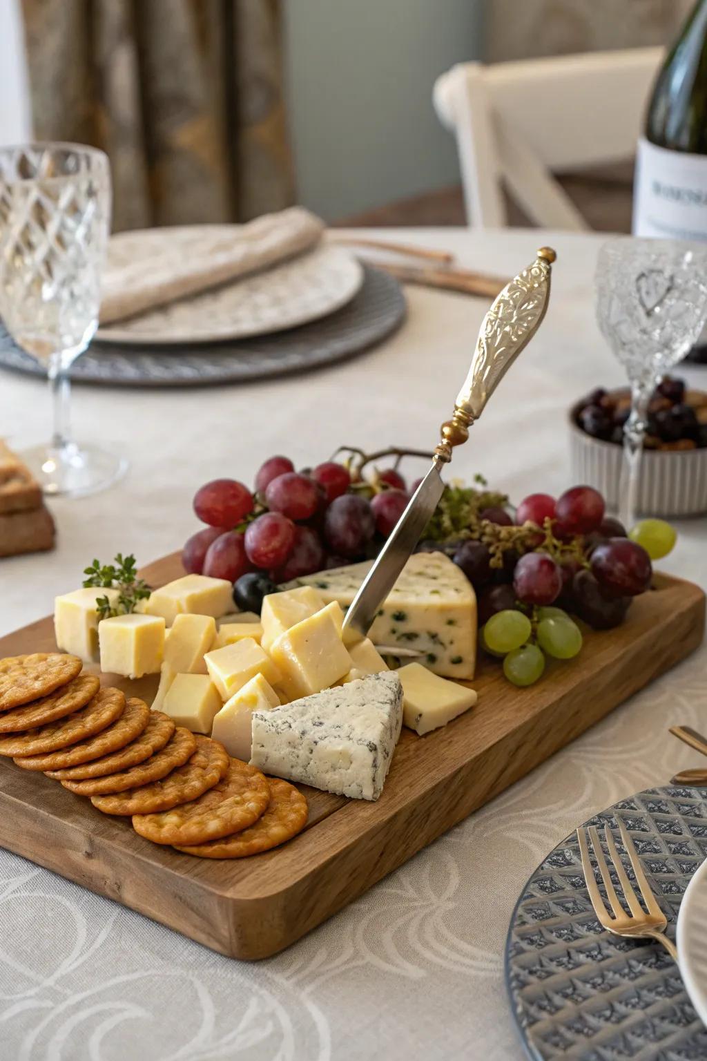 A cheese board featuring a unique signature element.