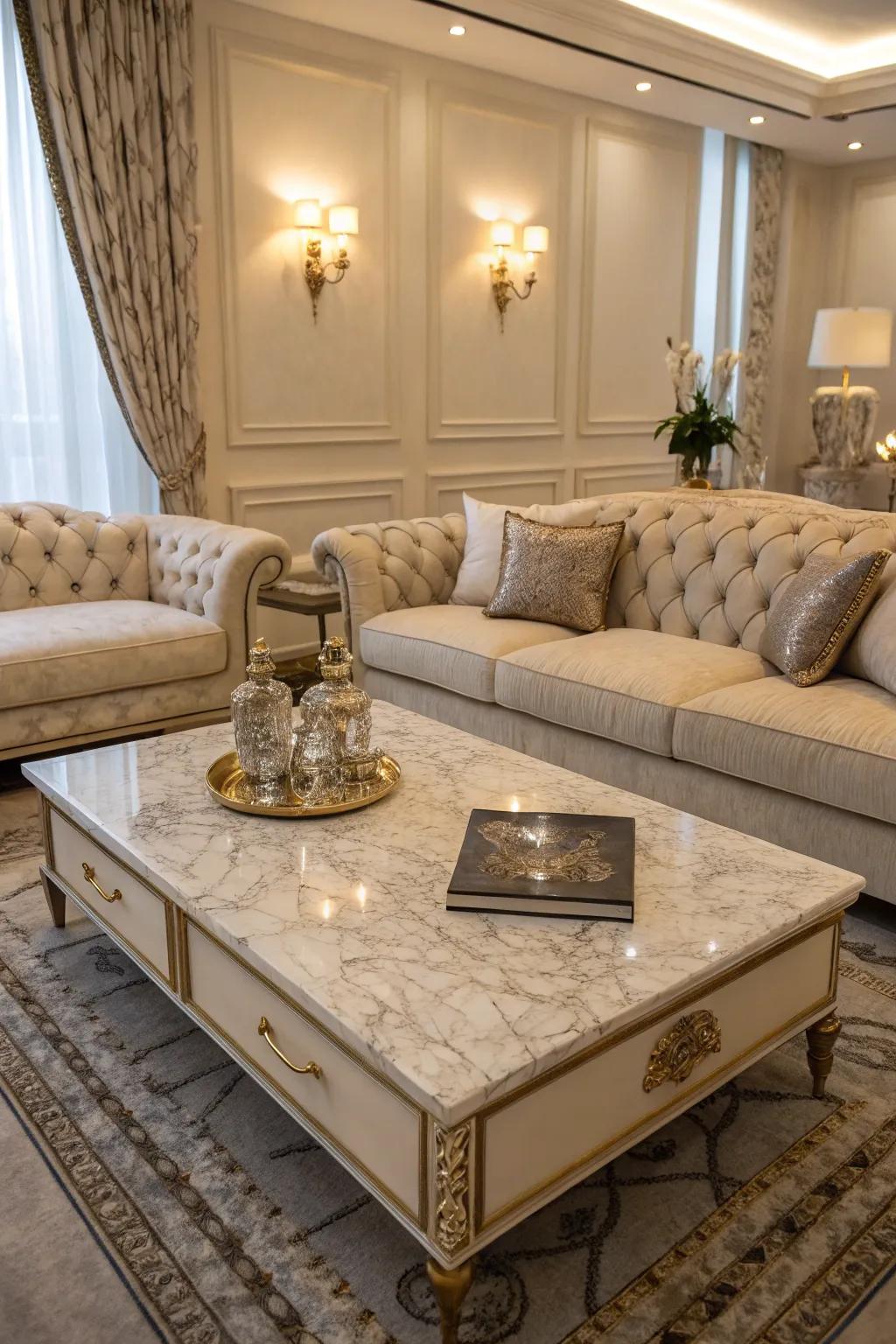 A marble coffee table brings luxury and sophistication to a living room.