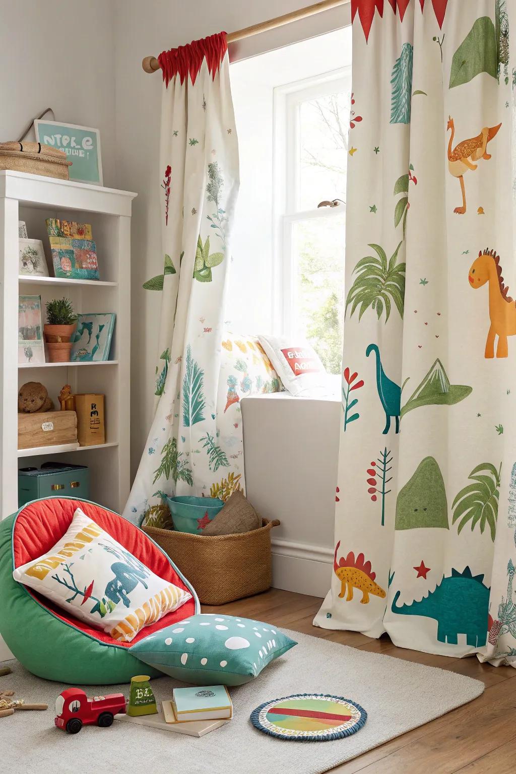 Dinosaur-themed curtains that add a final touch to the room's decor.