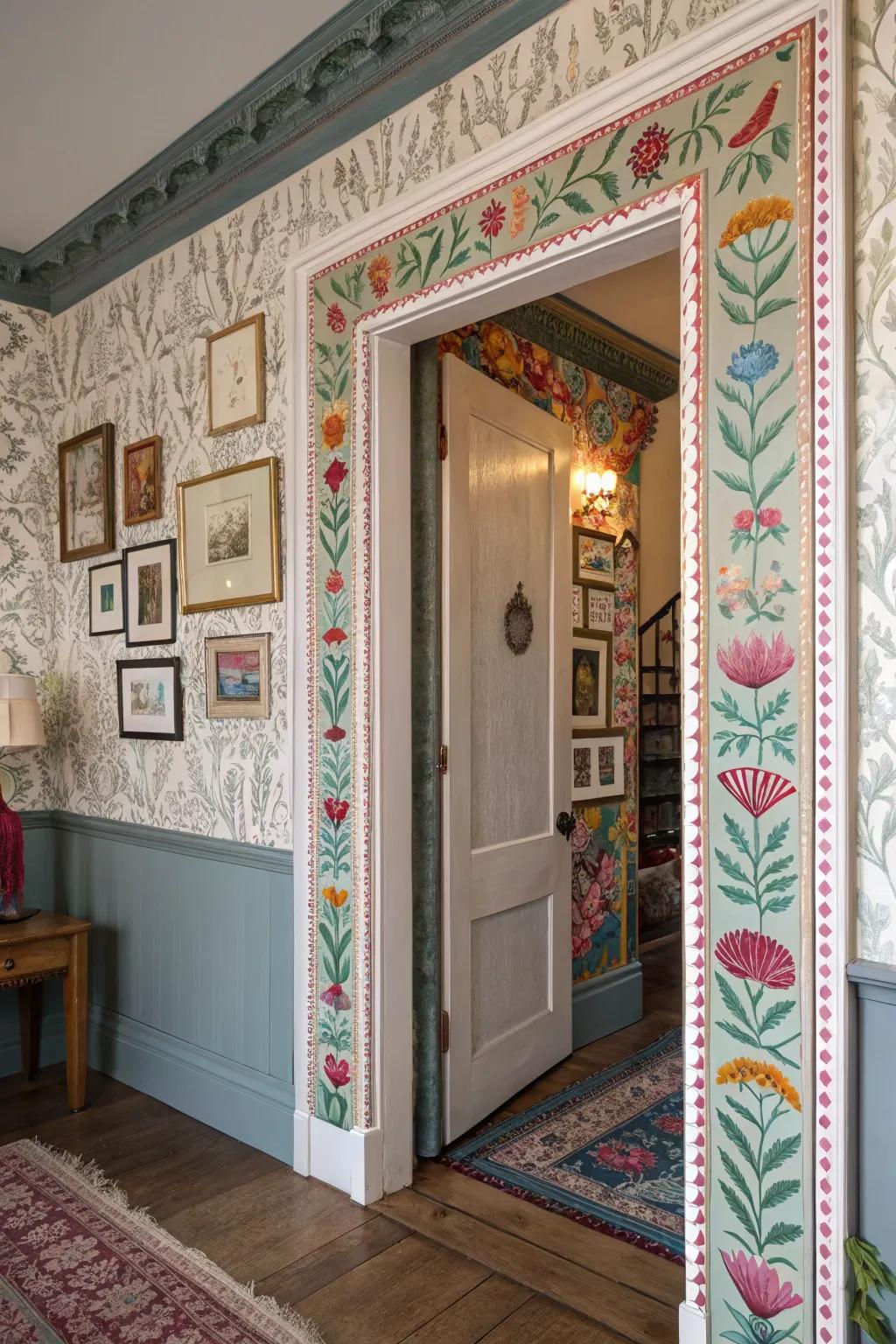 Wallpaper inside door trims adds a surprising splash of pattern to this eclectic space.