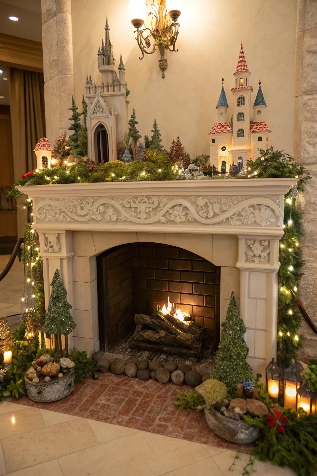 Add whimsy with fairy tale decor in your fireplace.