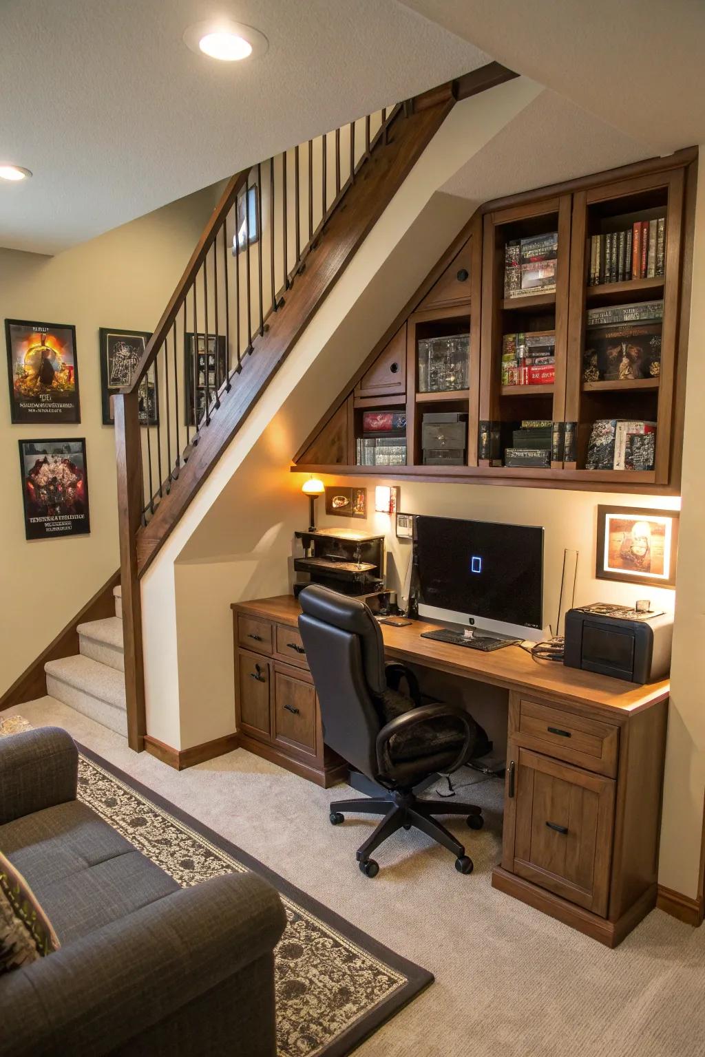 An understairs gaming room maximizes small spaces creatively.