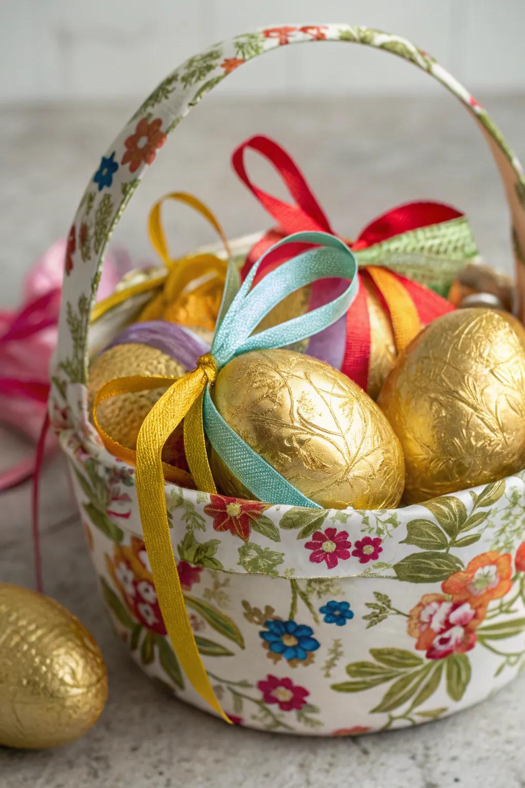 Golden eggs with ribbon wraps bring a festive flair to Easter.