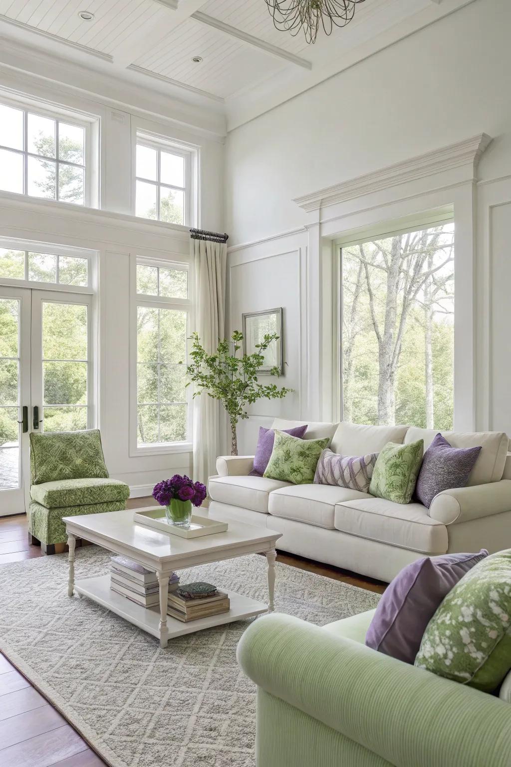 Minimalist design with green and purple accents.