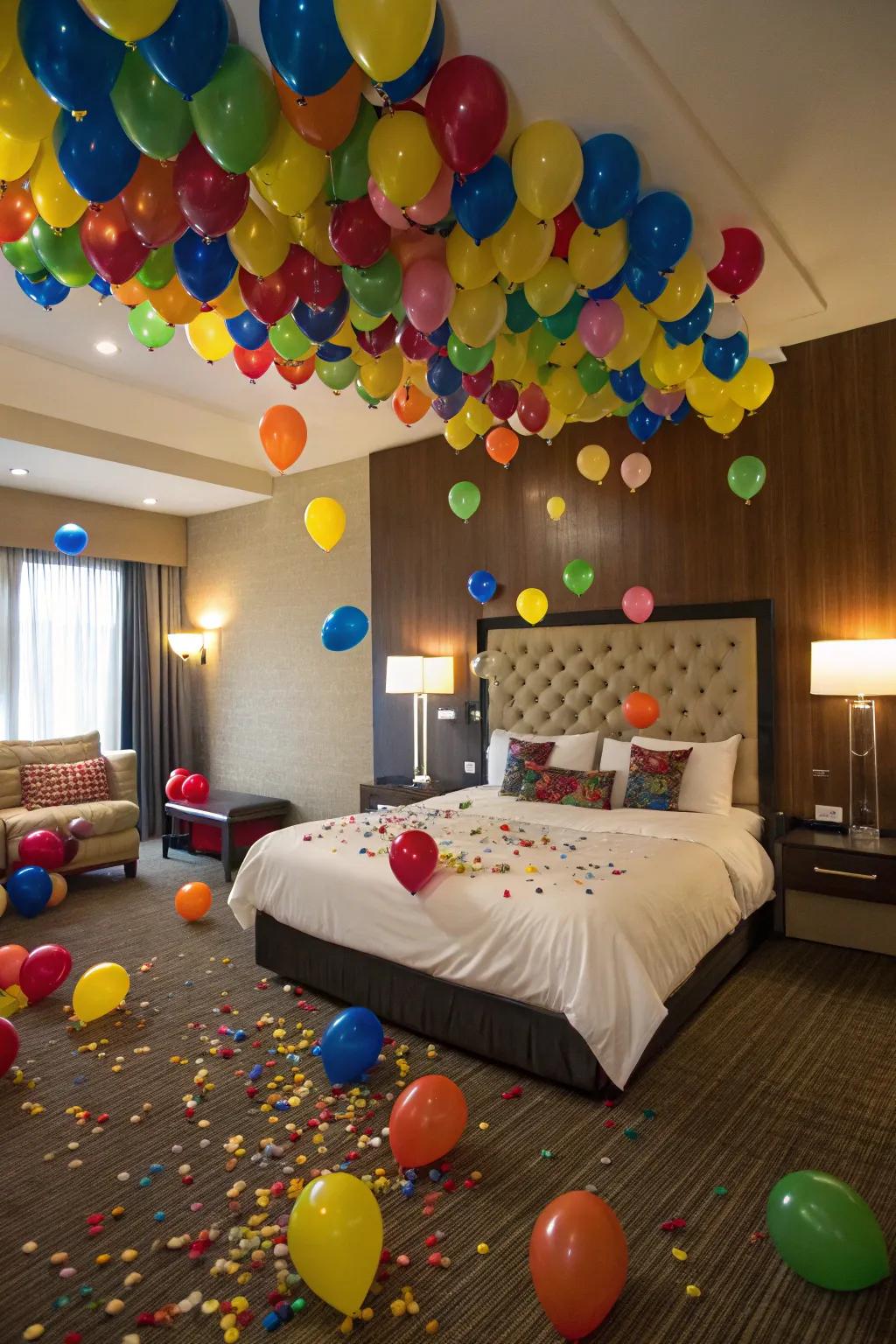 Surprise with a dramatic and joyful avalanche of balloons.