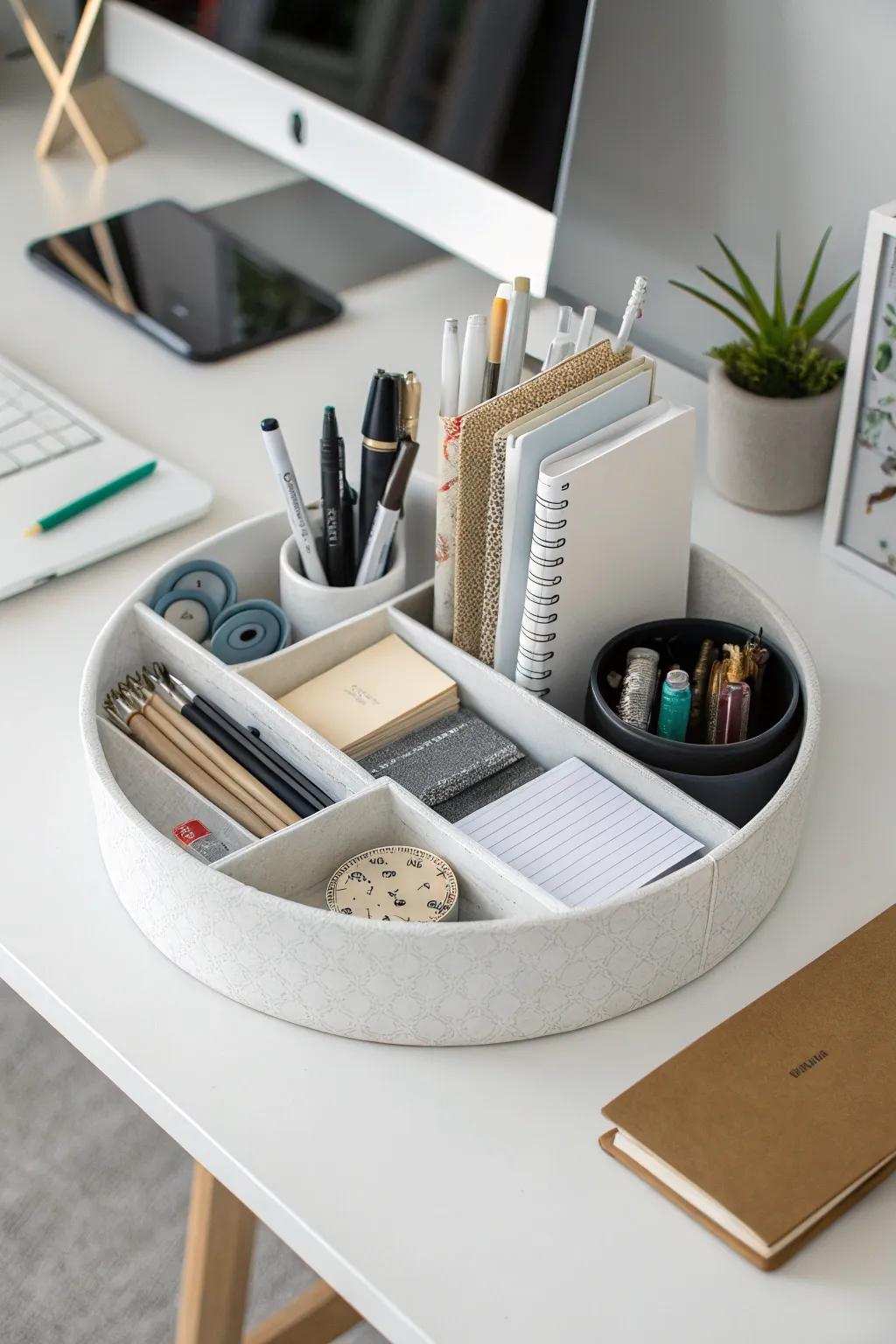 A stylish and organized desk with a lazy Susan.