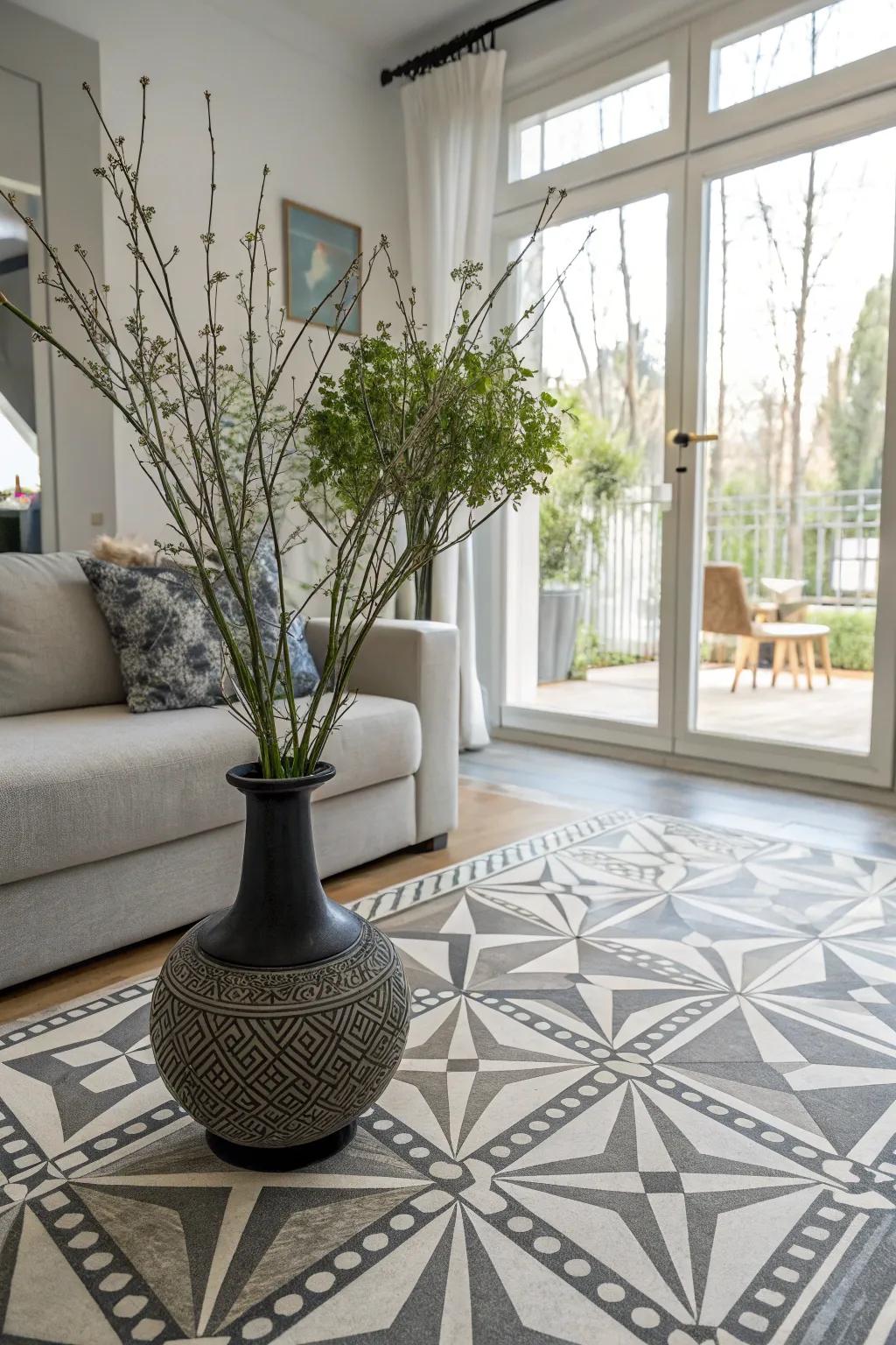 Geometric designs on a vase bring a modern, artistic flair to living room decor.