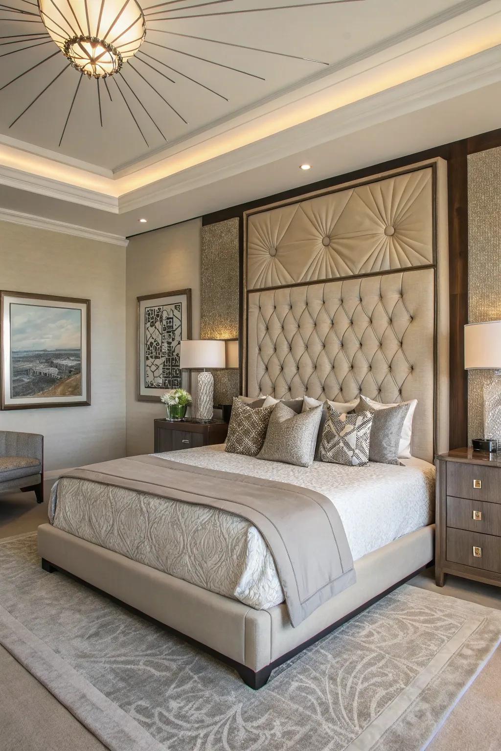 A statement headboard serves as the focal point in this modern bedroom.