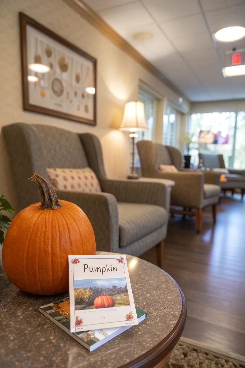 A backstory card adds character and storytelling to this pumpkin.