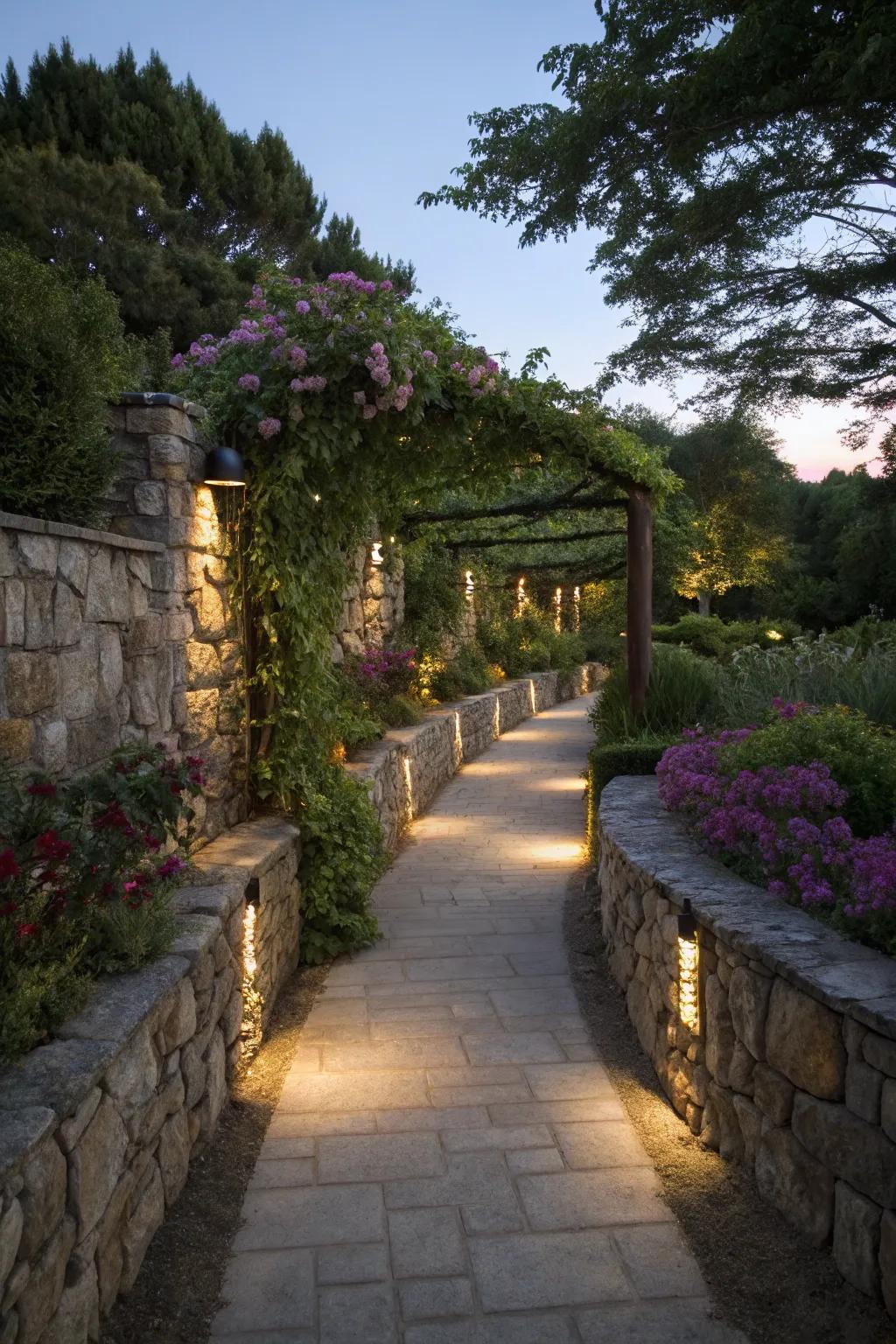 Illuminated pathways enhance evening garden experiences.