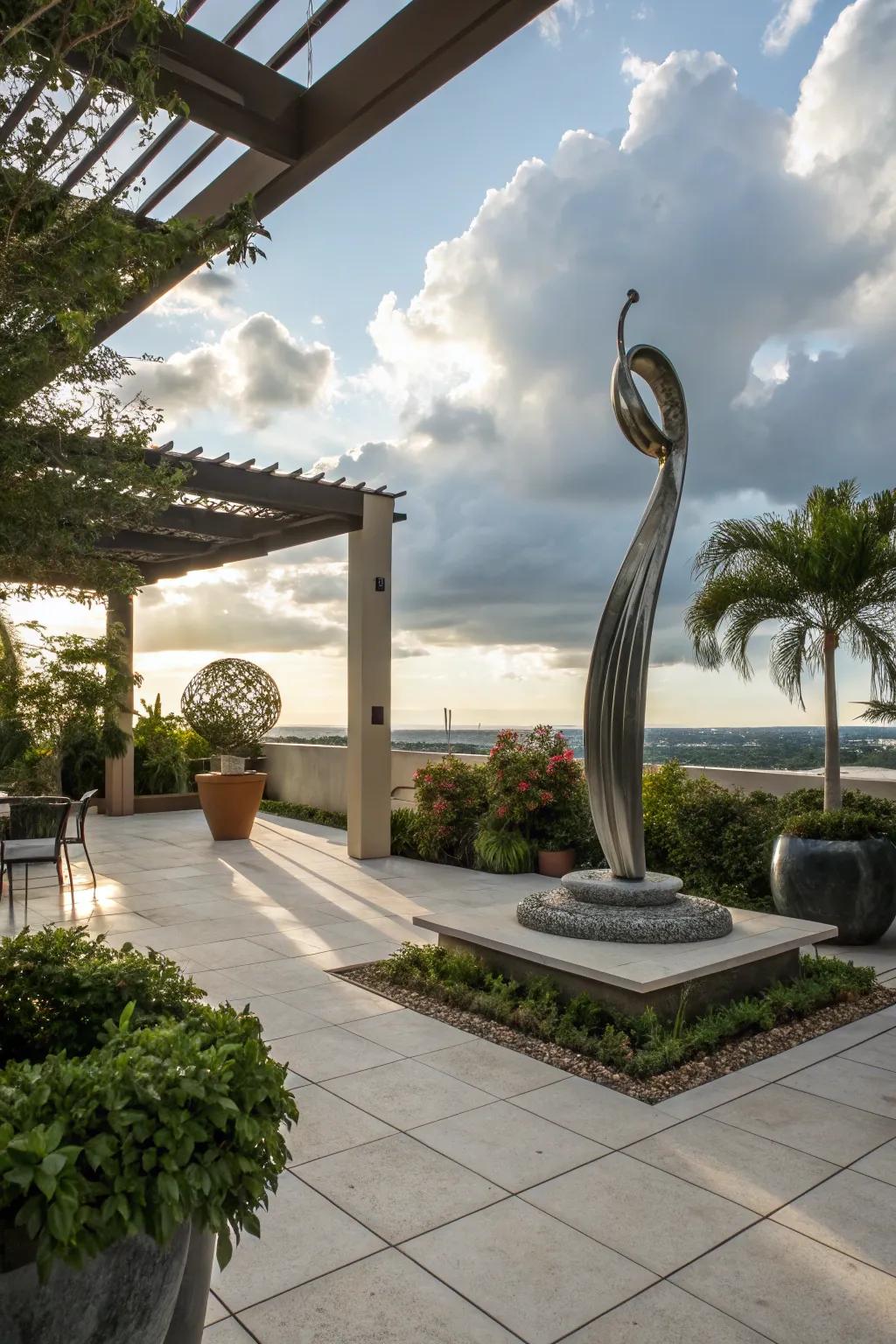 A sculpture adds artistic flair to your patio.