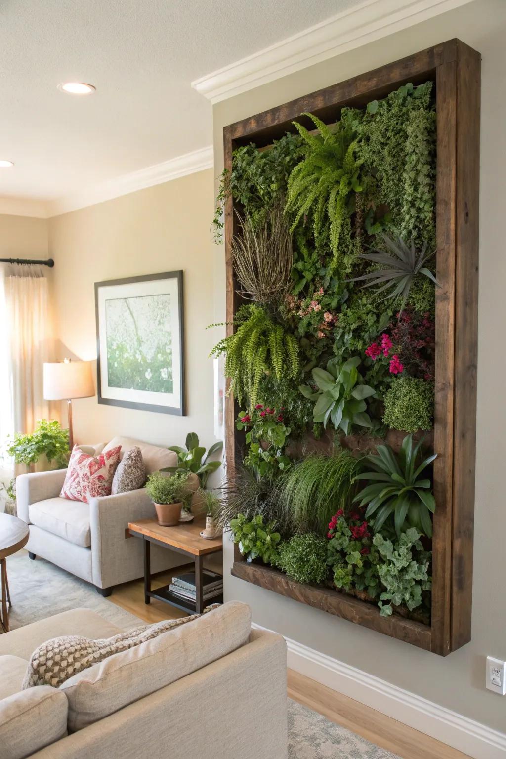 A space-conserving bespoke vertical garden, rendering a profuse and innovative aesthetic resolution.