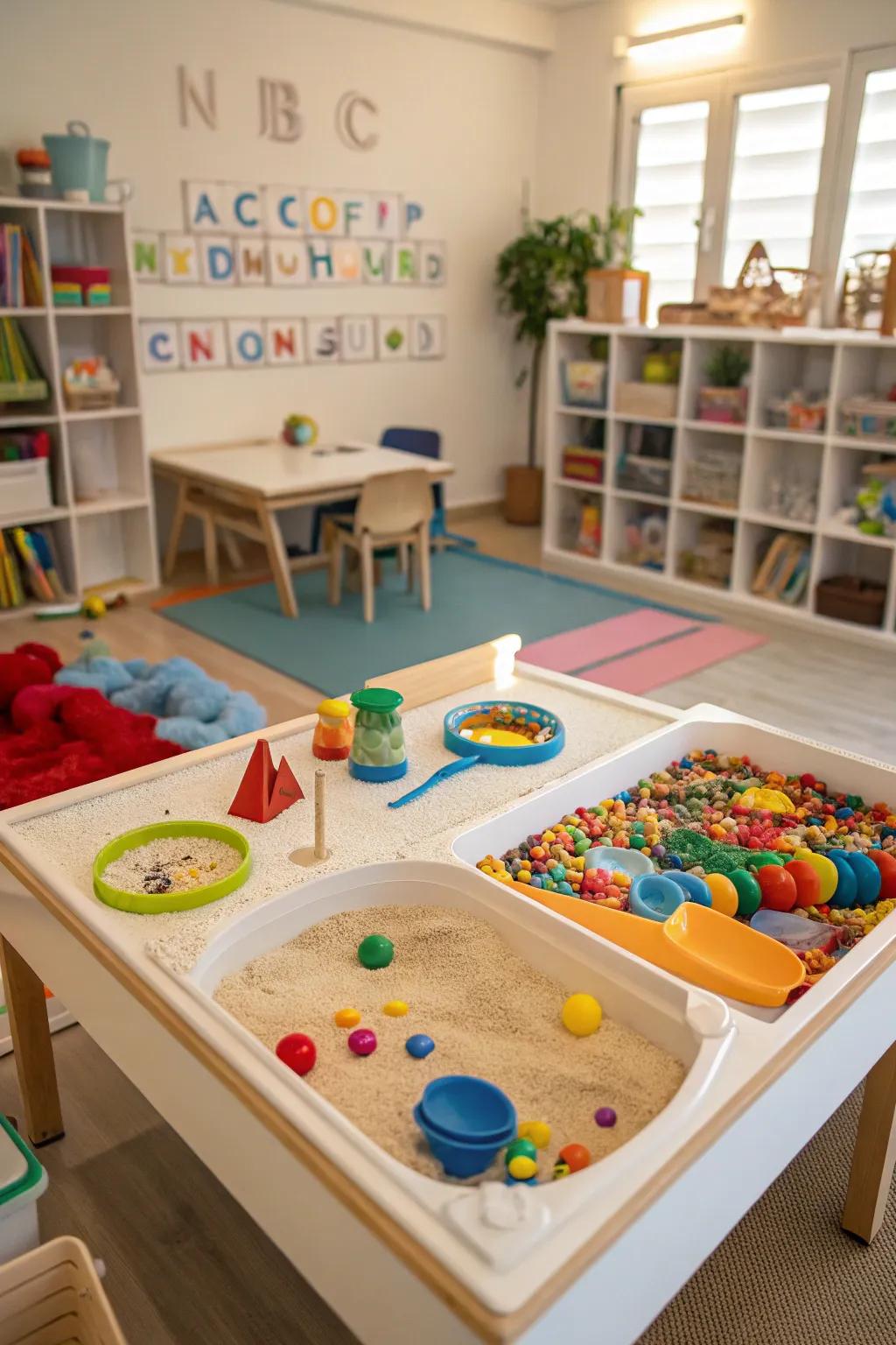 A sensory table in a playroom, inviting tactile exploration and play.