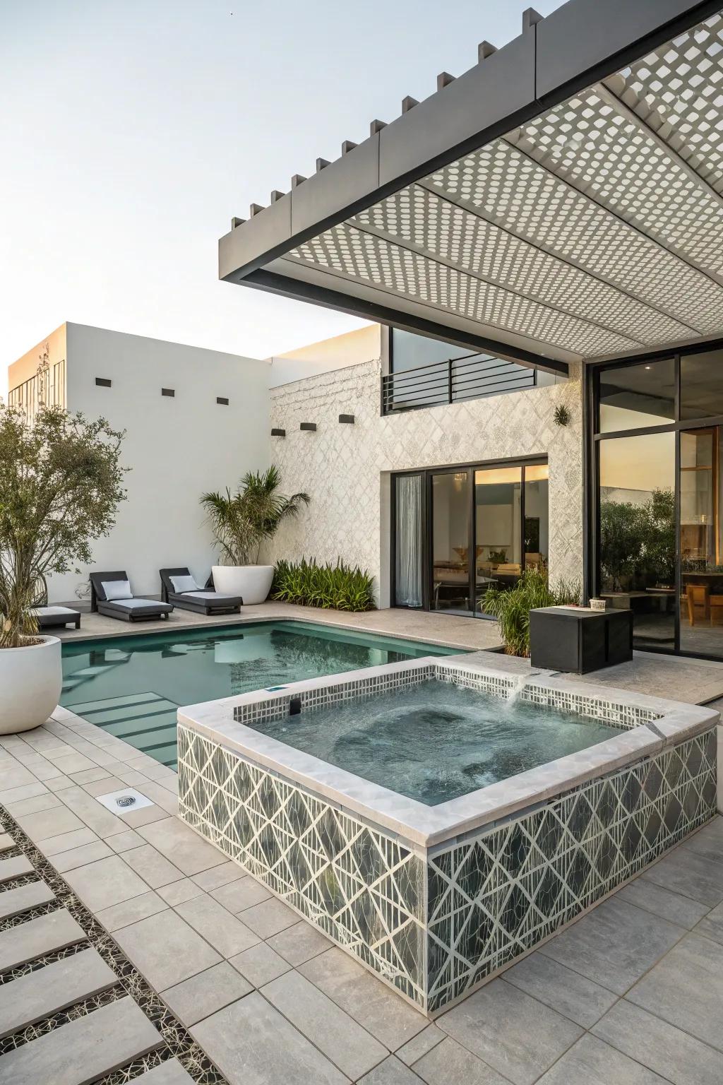 Geometric design features inject a modern flair into your pool and jacuzzi.