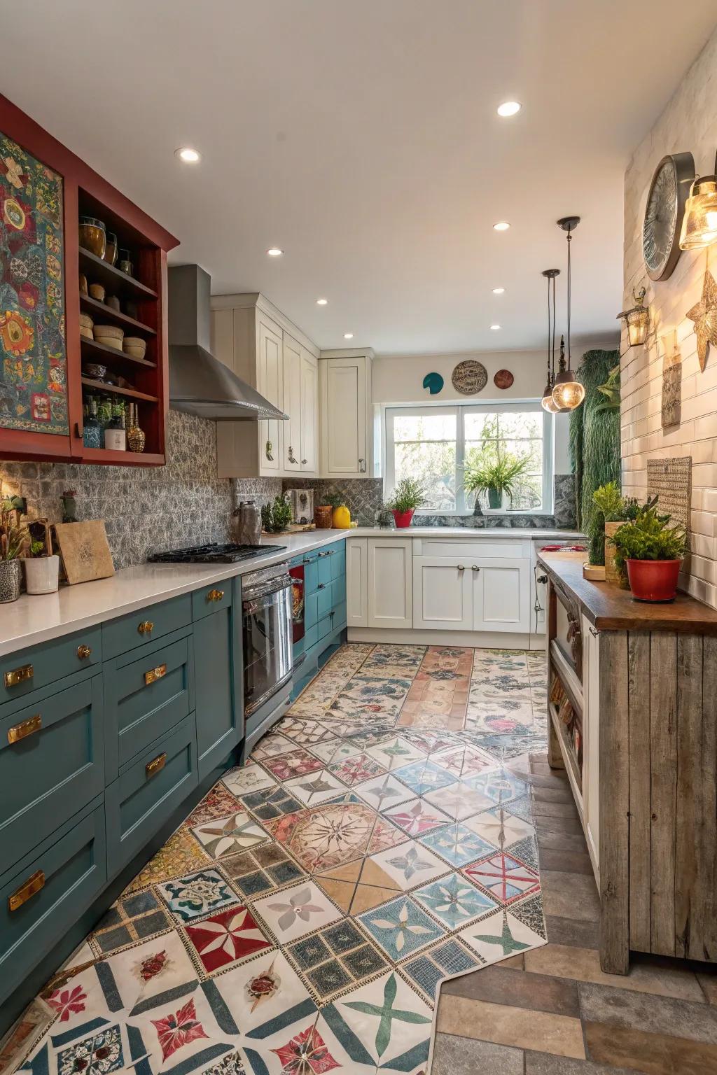 Mixing textures creates a dynamic and personalized kitchen floor.