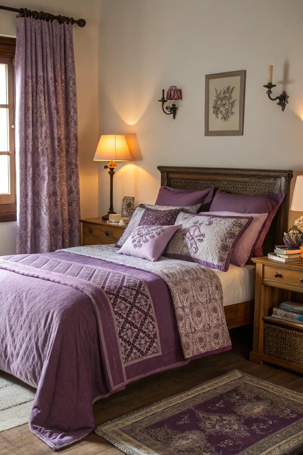 A purple bedding set unifies the room's color scheme.