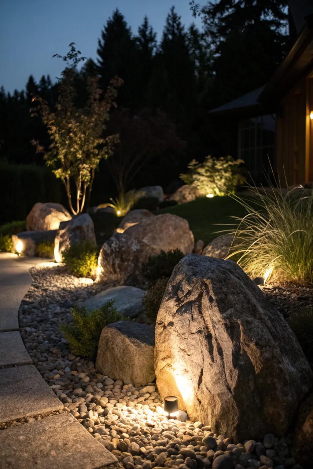 Strategic lighting highlights the beauty of a rock garden at night.