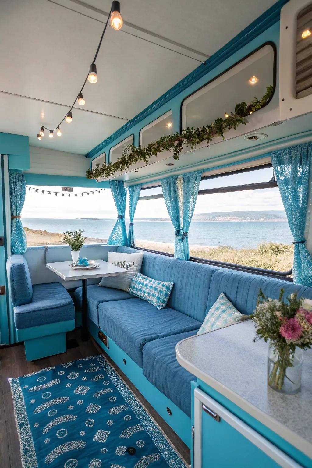 Serene blues establish a peaceful RV retreat.