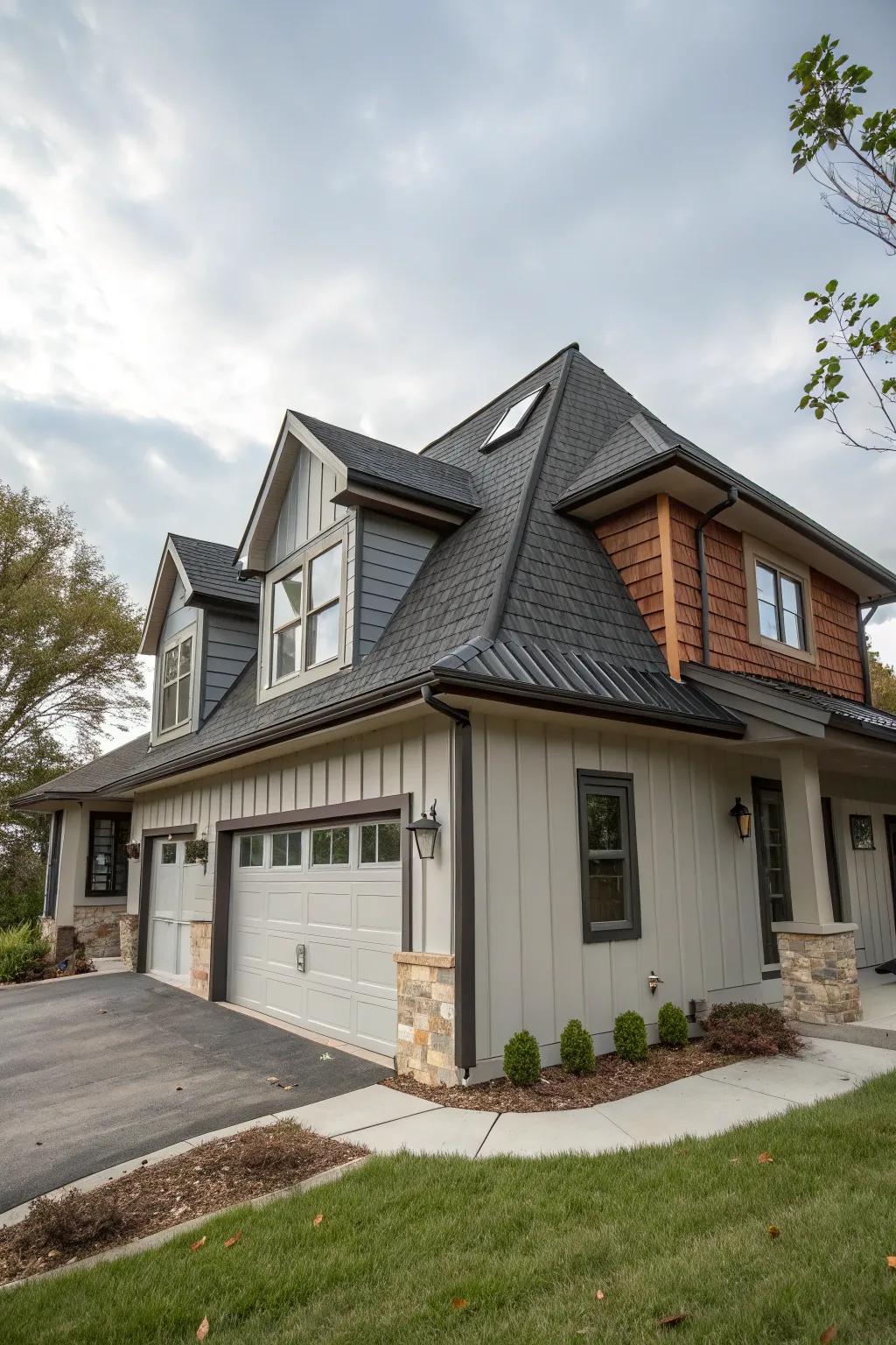 Home with a sculpturally designed shed dormer.