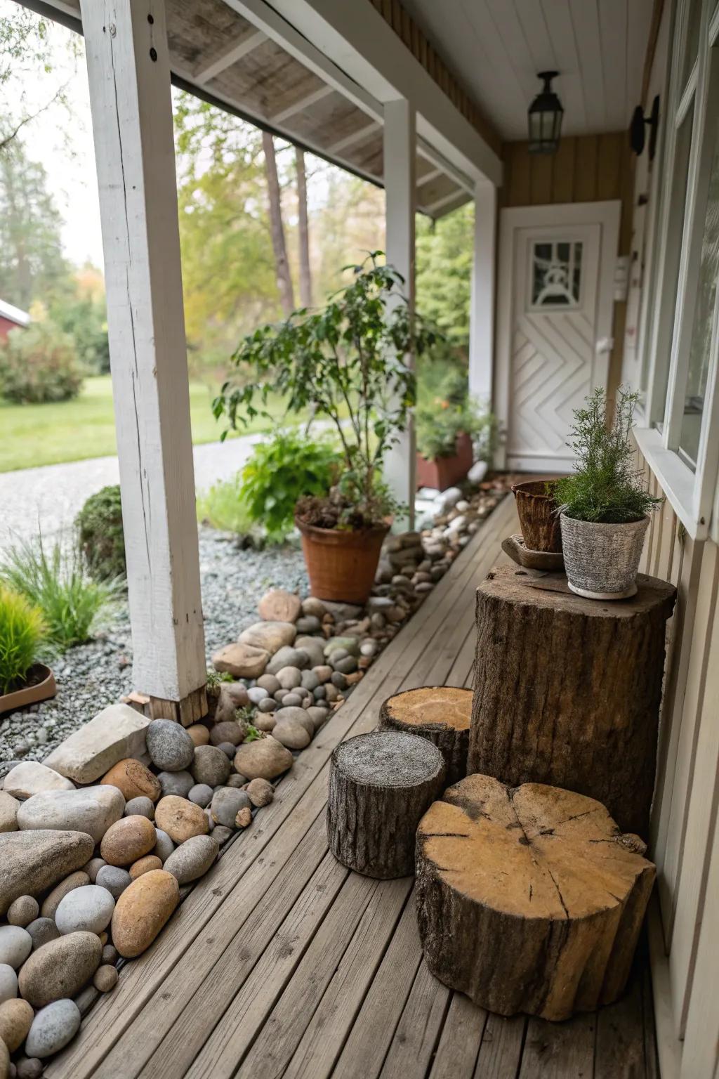 Natural elements like stones and wood add rustic charm to a small porch.