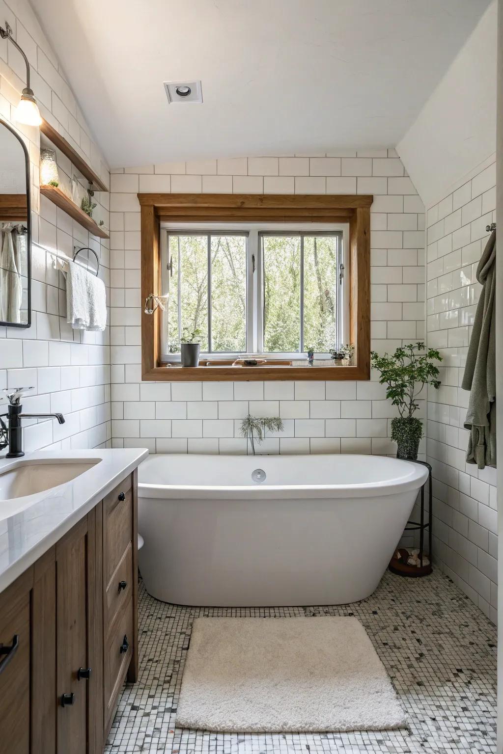 A freestanding tub adds elegance to a narrow bathroom.