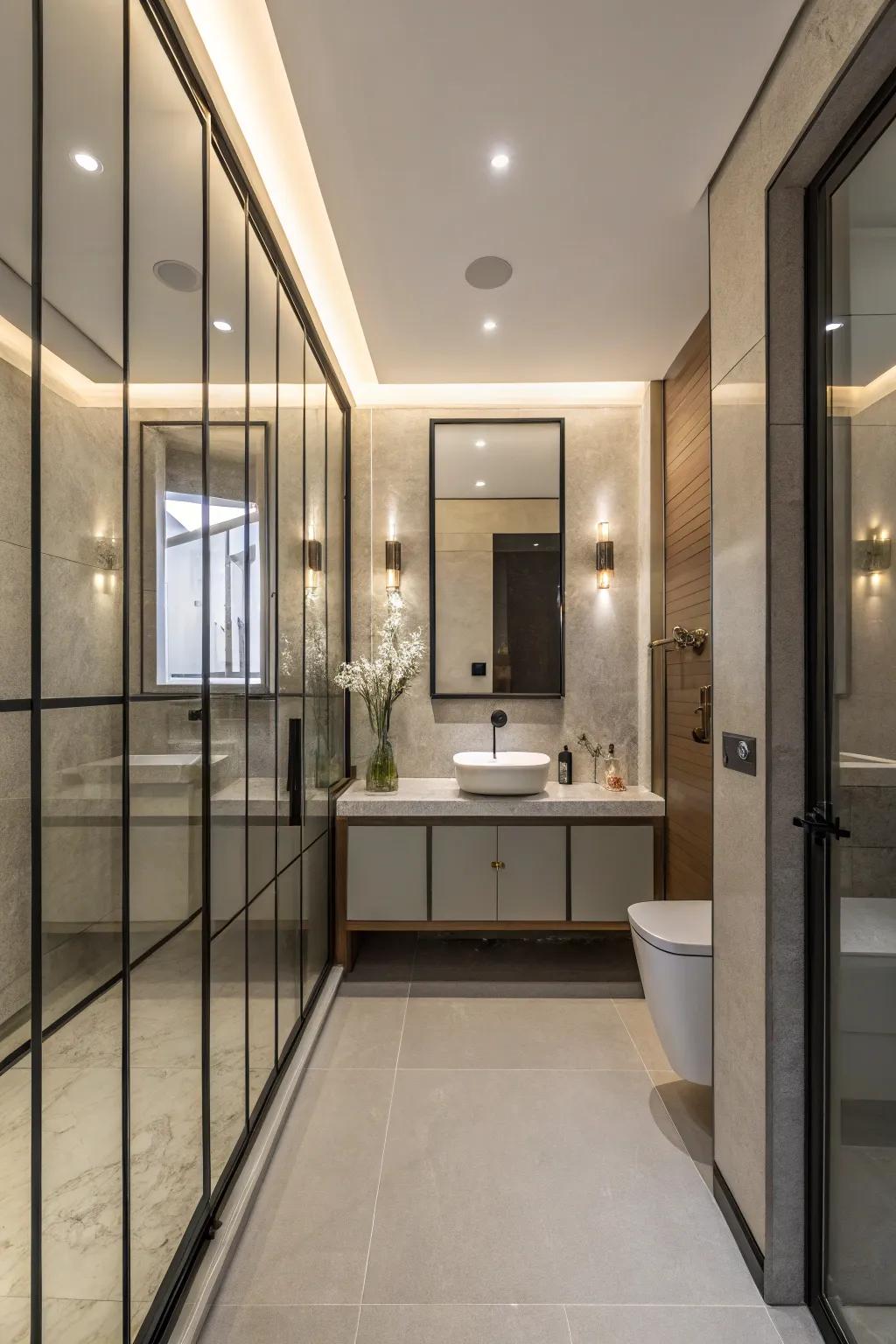 Glass panels in a small bathroom, adding luxury and modernity.