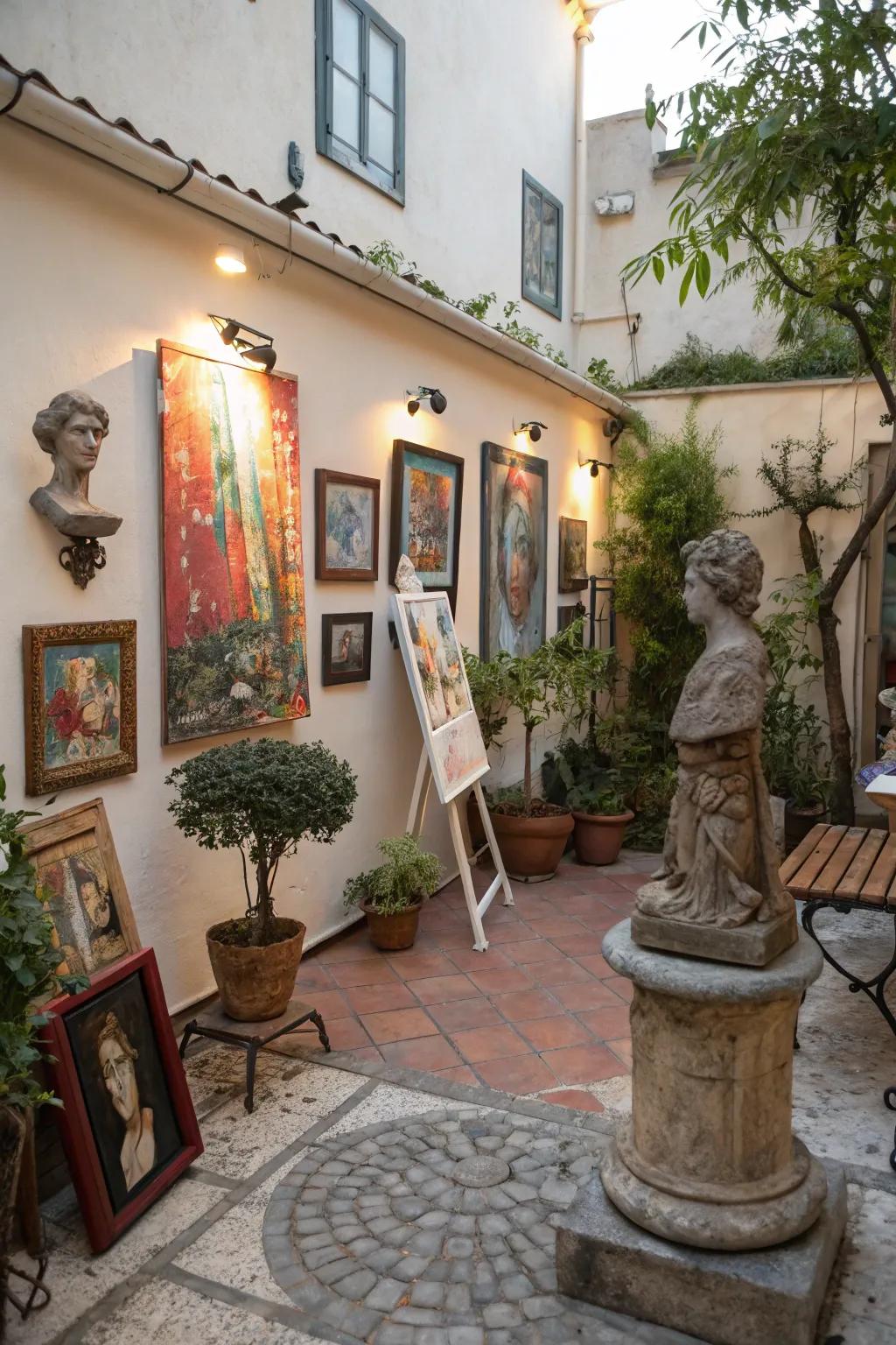 A small patio transformed into a vibrant outdoor art gallery.