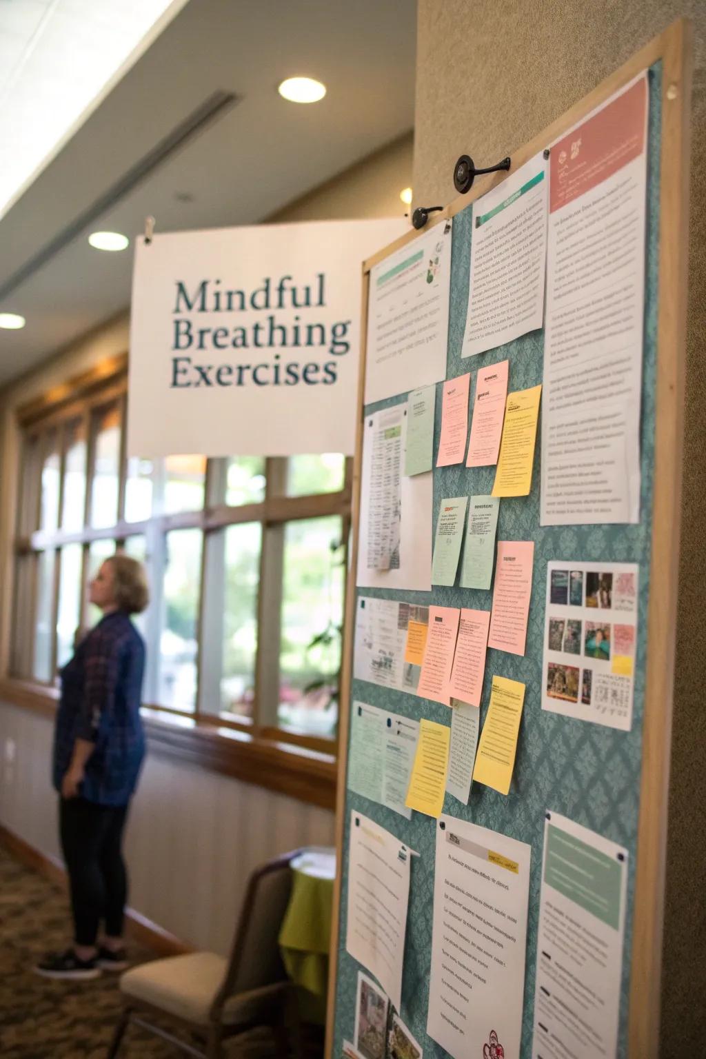 A wellness bulletin board featuring mindful breathing exercises.