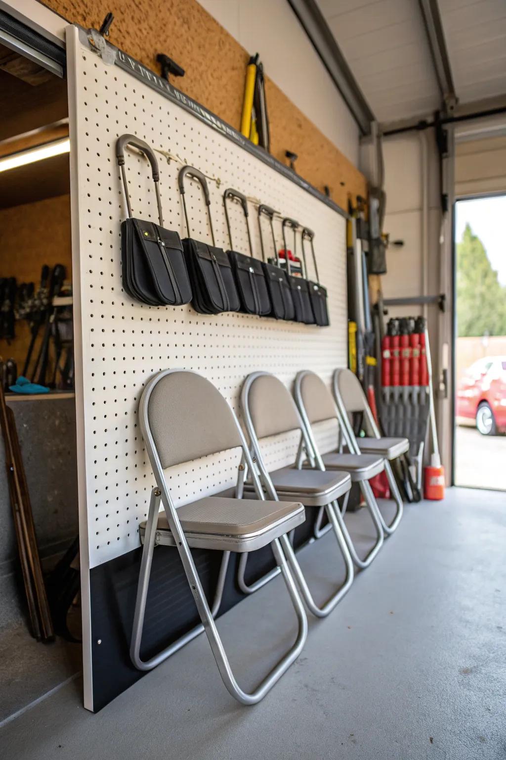 Keep things tidy with a pegboard for folding chair storage.