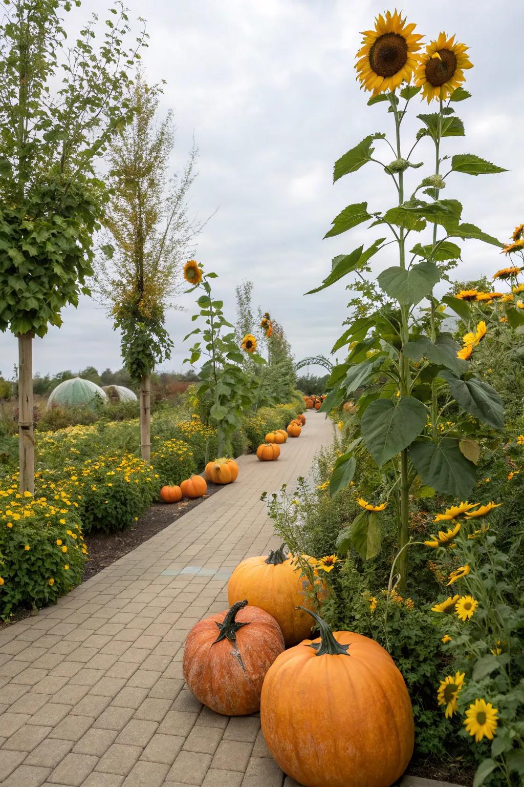 A giant's garden with impressively large plants creating a whimsical atmosphere.