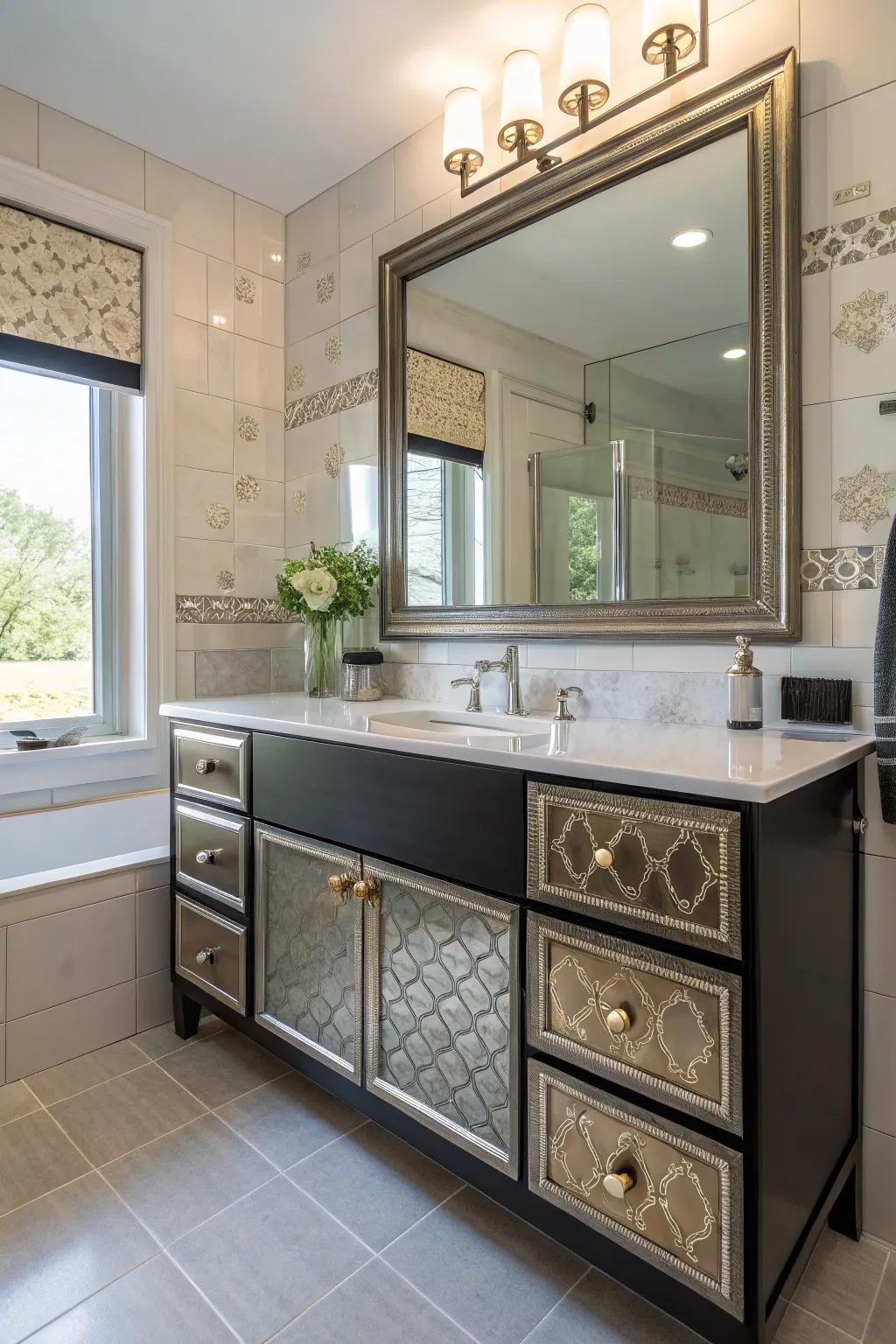 A bathroom vanity with personalized tiles and finishes for a unique and stylish look.