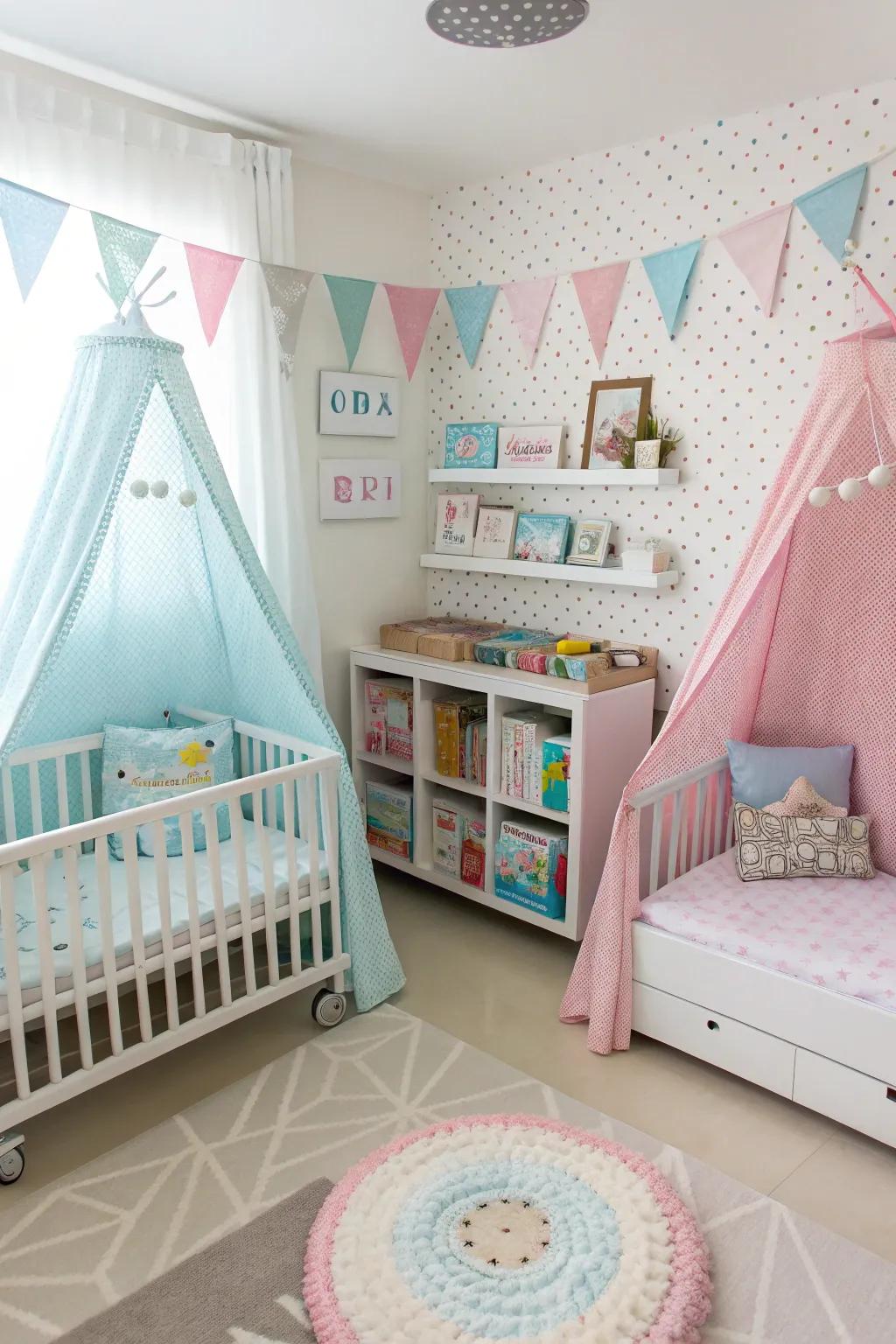 Separate zones for each baby support individuality while ensuring a design that feels connected.