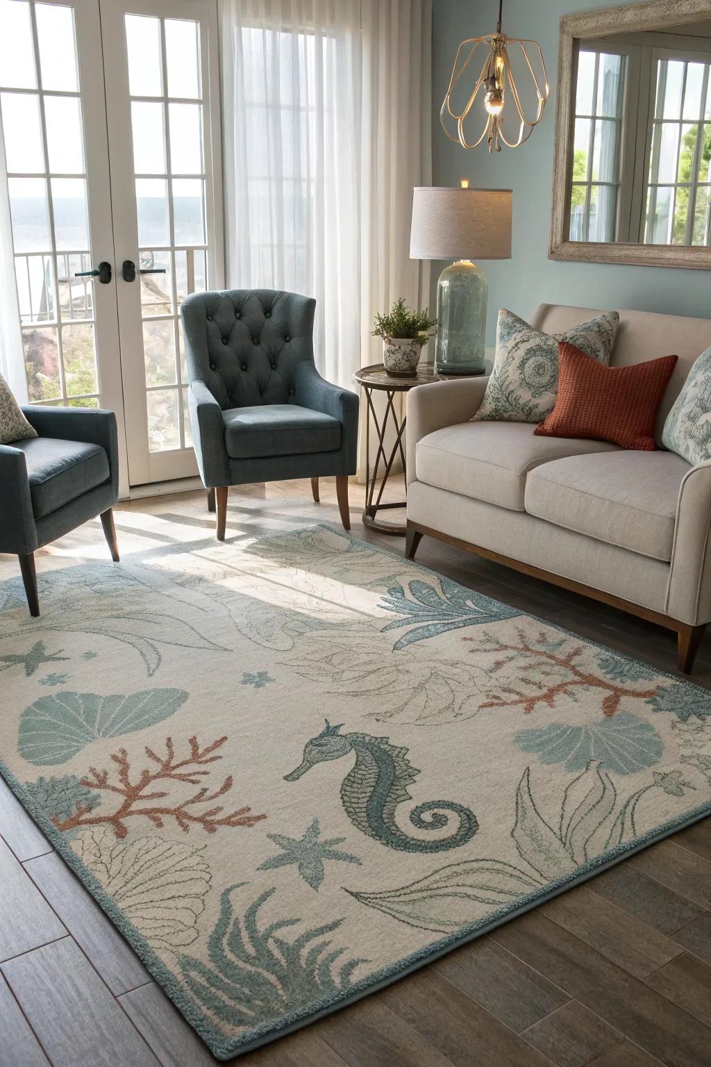 An aquatic-themed rug brings water's essence underfoot.