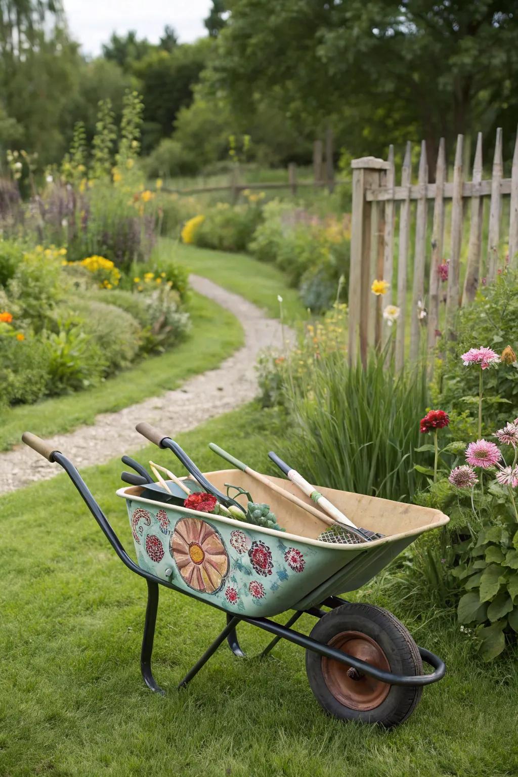 Express creativity with a hand-painted wheelbarrow.