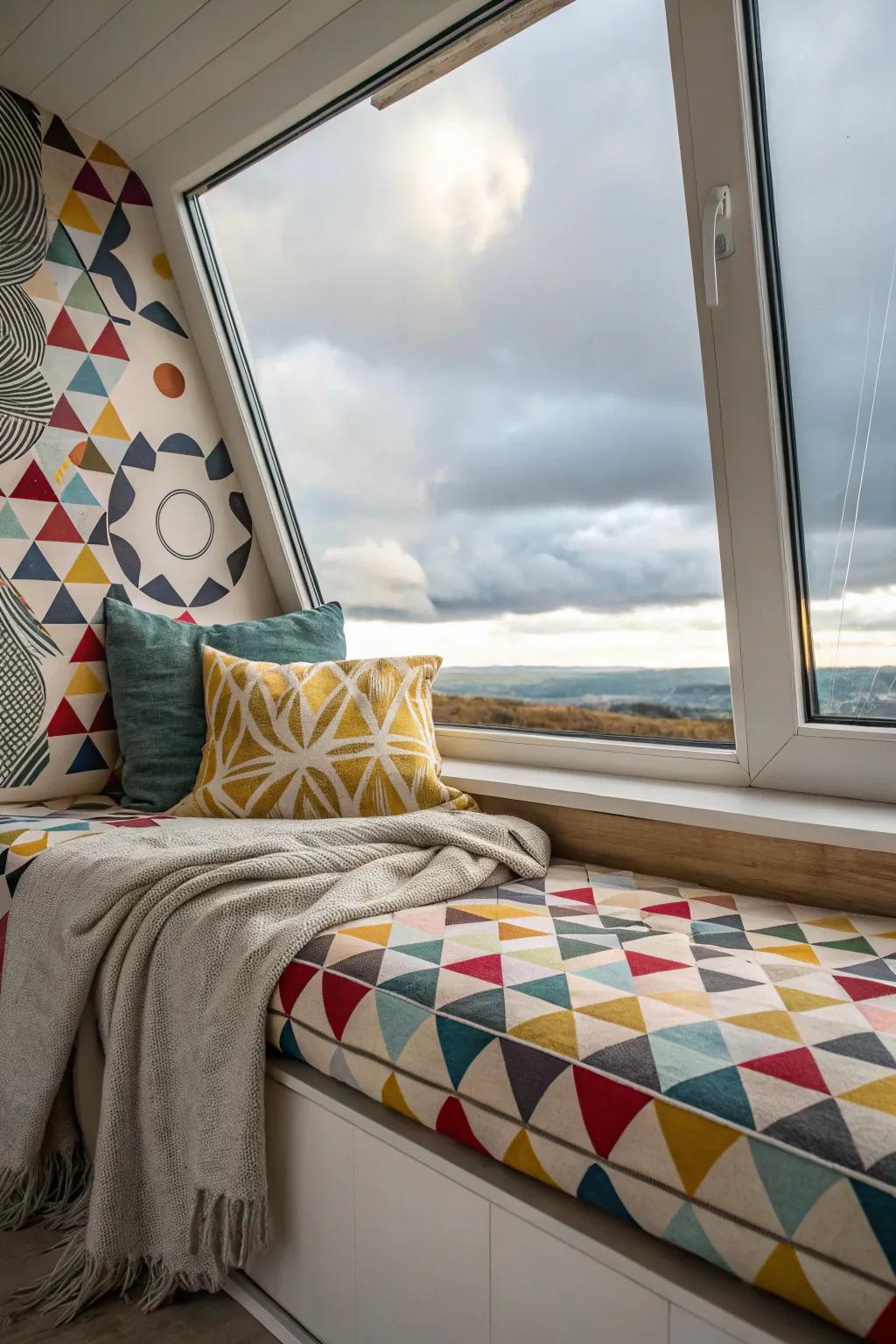 A window seat with geometric designs for a modern and unique look.