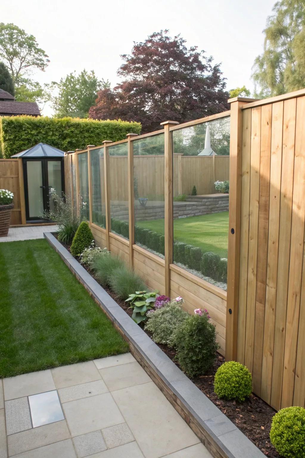 Glass panels add a modern twist to traditional wood fences.