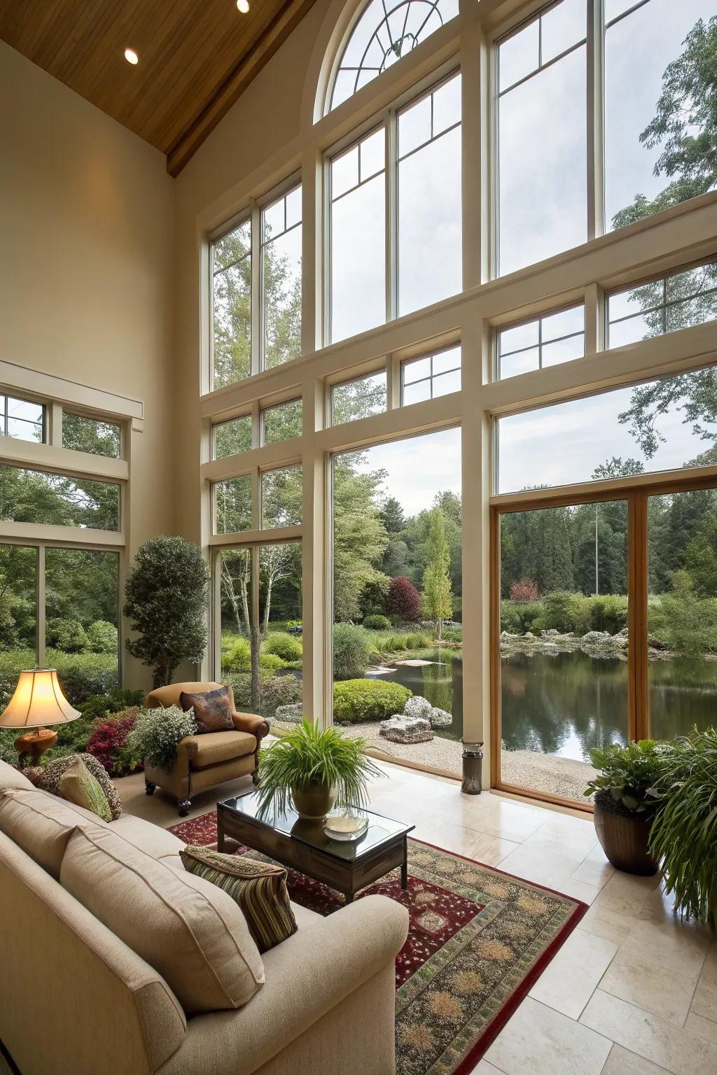 Floor-to-ceiling windows enhance the sense of space and connection with nature.