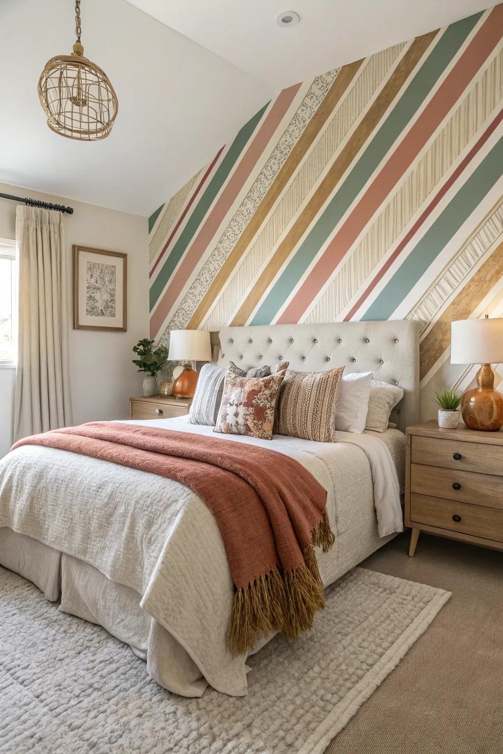 A bedroom enhanced by a bold striped accent wall.