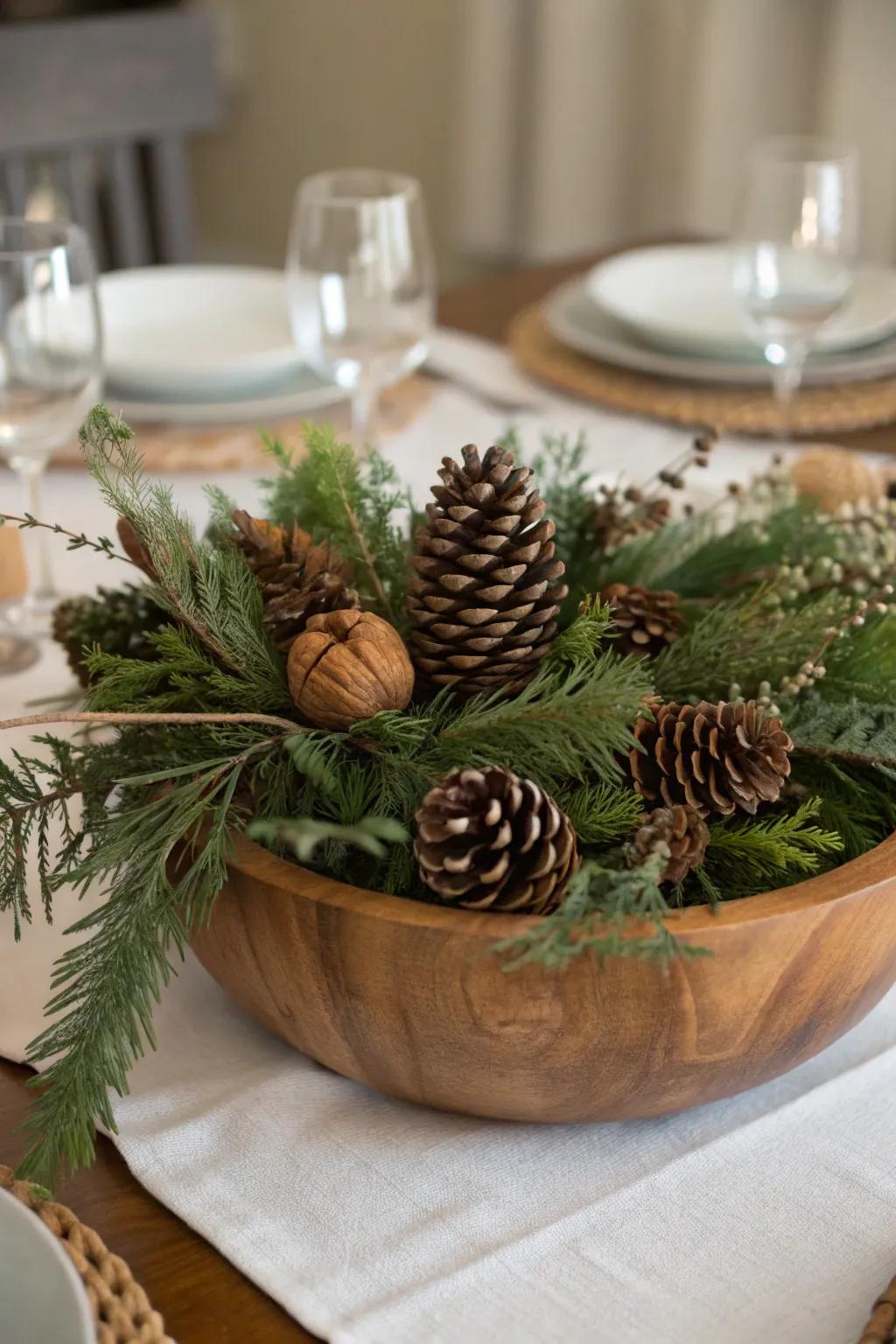 A natural winter centerpiece with evergreen and pinecones