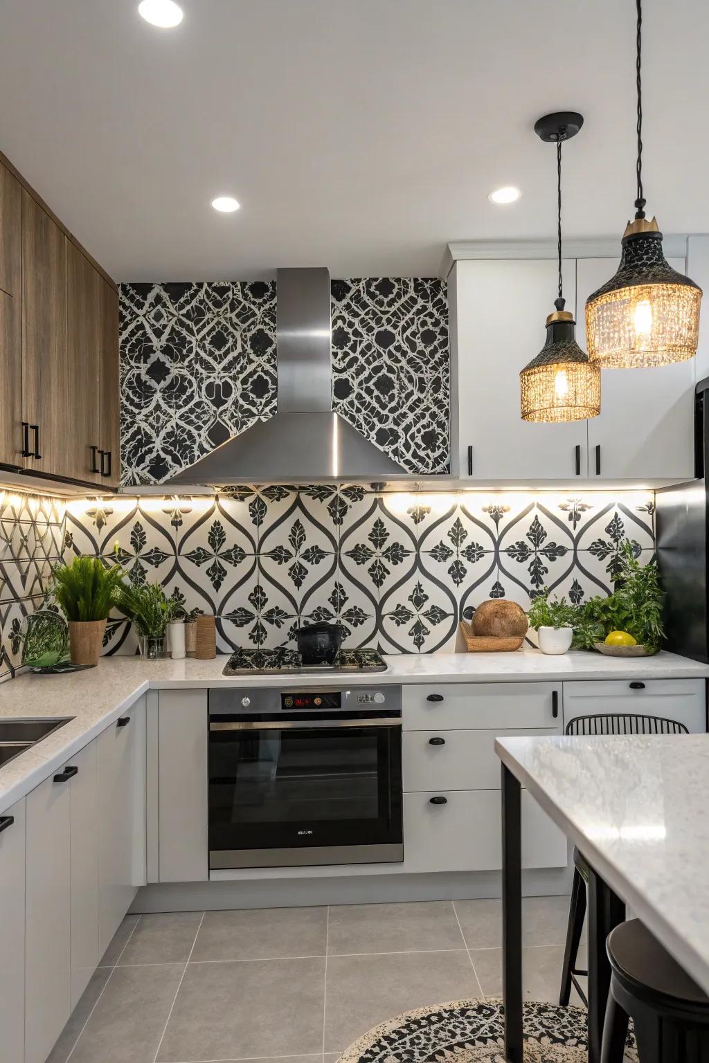 A modern kitchen highlights an eye-catching black and white arabesque tile backsplash.