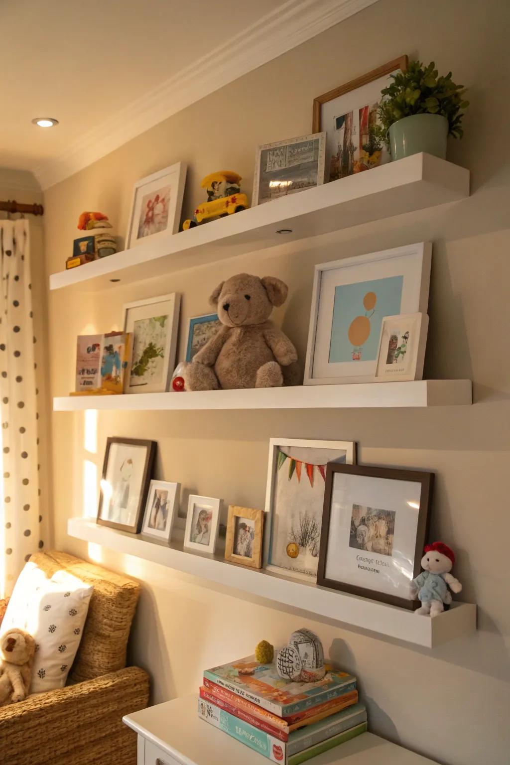 Floating shelves provide a versatile method for presenting baby memories.